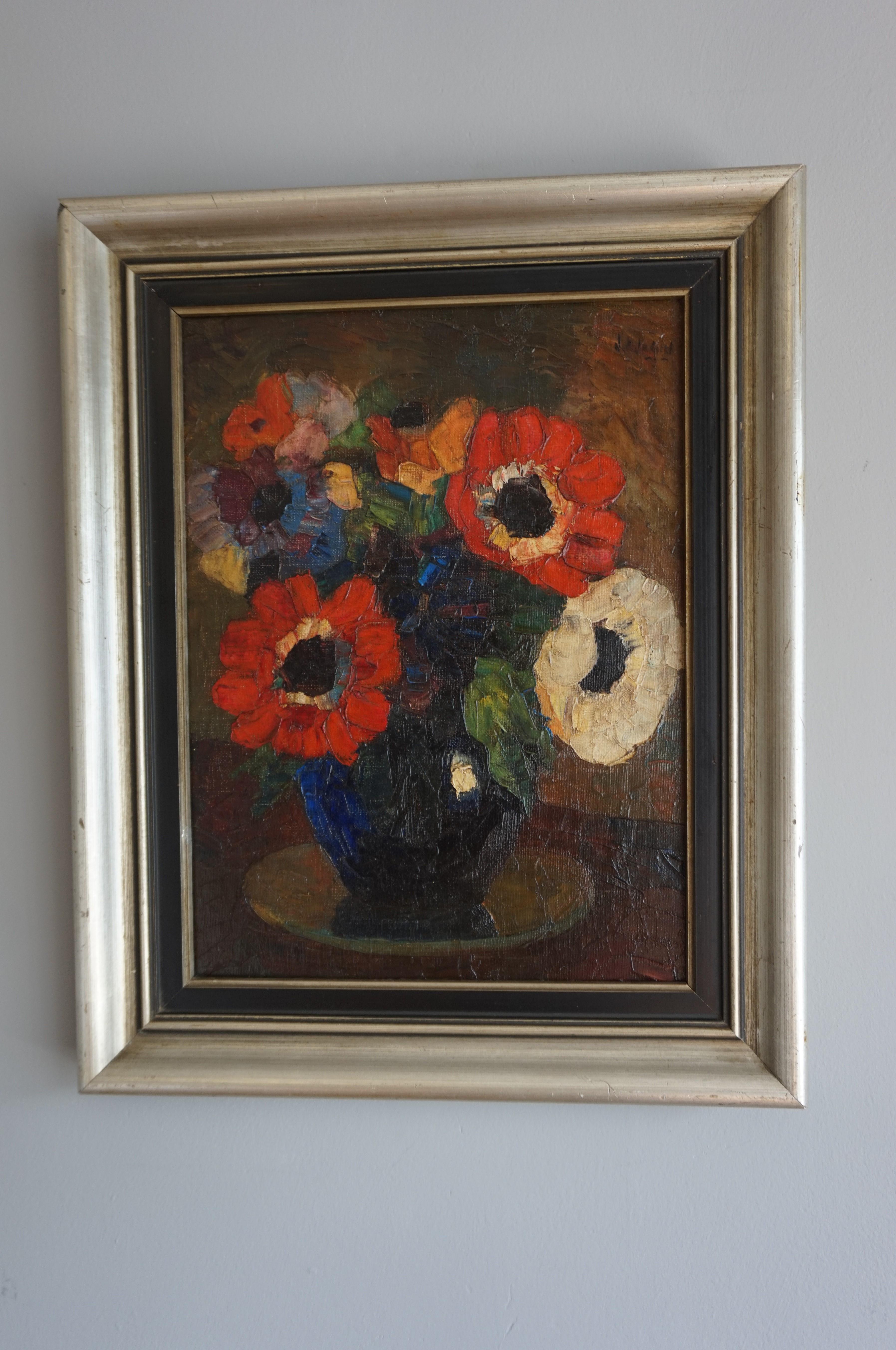 Peinture de vase représentant un bouquet de fleurs coloré et vibrant, début ou milieu du 20e siècle en vente 12