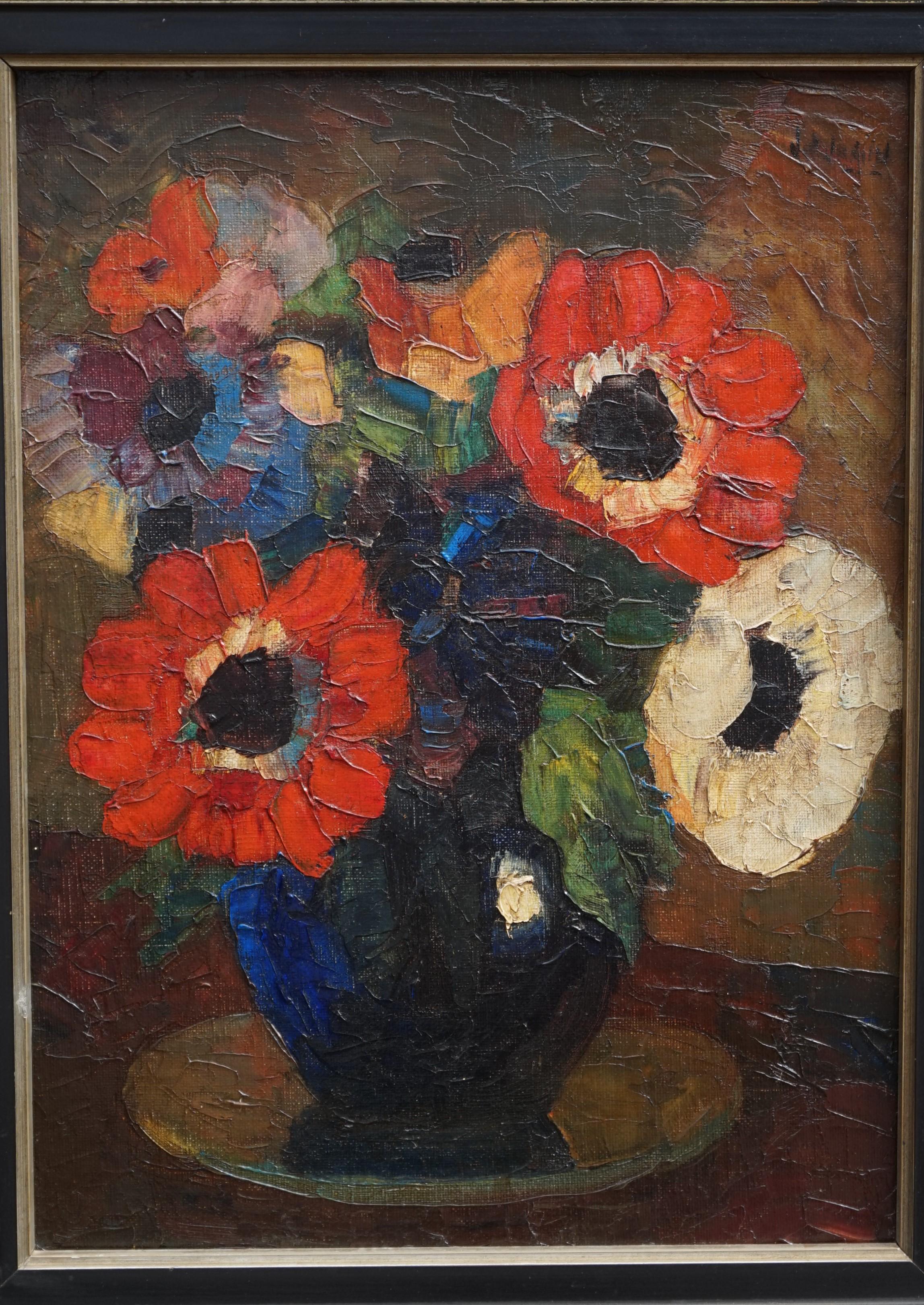 European Early to Mid-20th Century Colorful & Vibrant Bouquet of Flowers in Vase Painting For Sale
