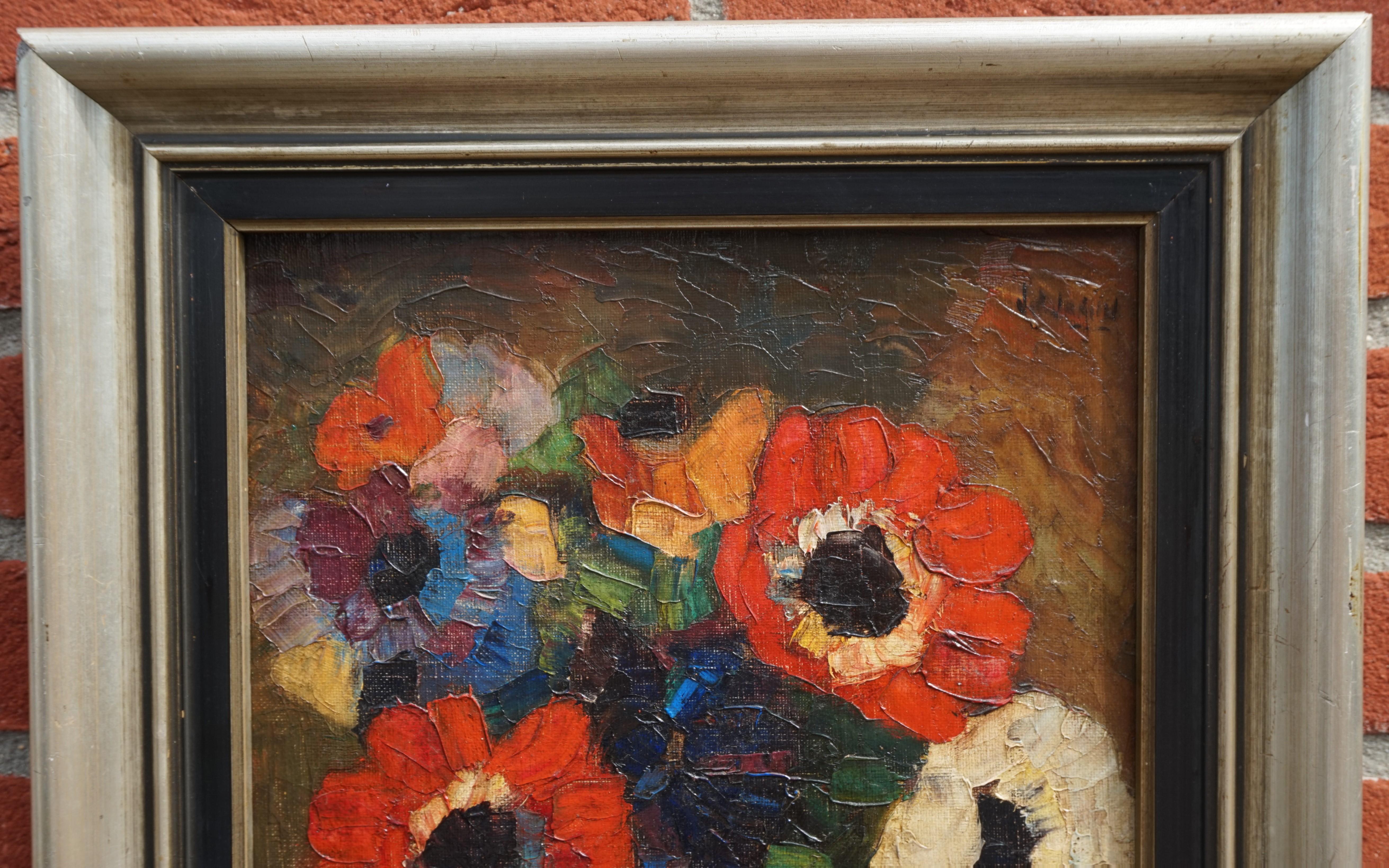 Fait main Peinture de vase représentant un bouquet de fleurs coloré et vibrant, début ou milieu du 20e siècle en vente