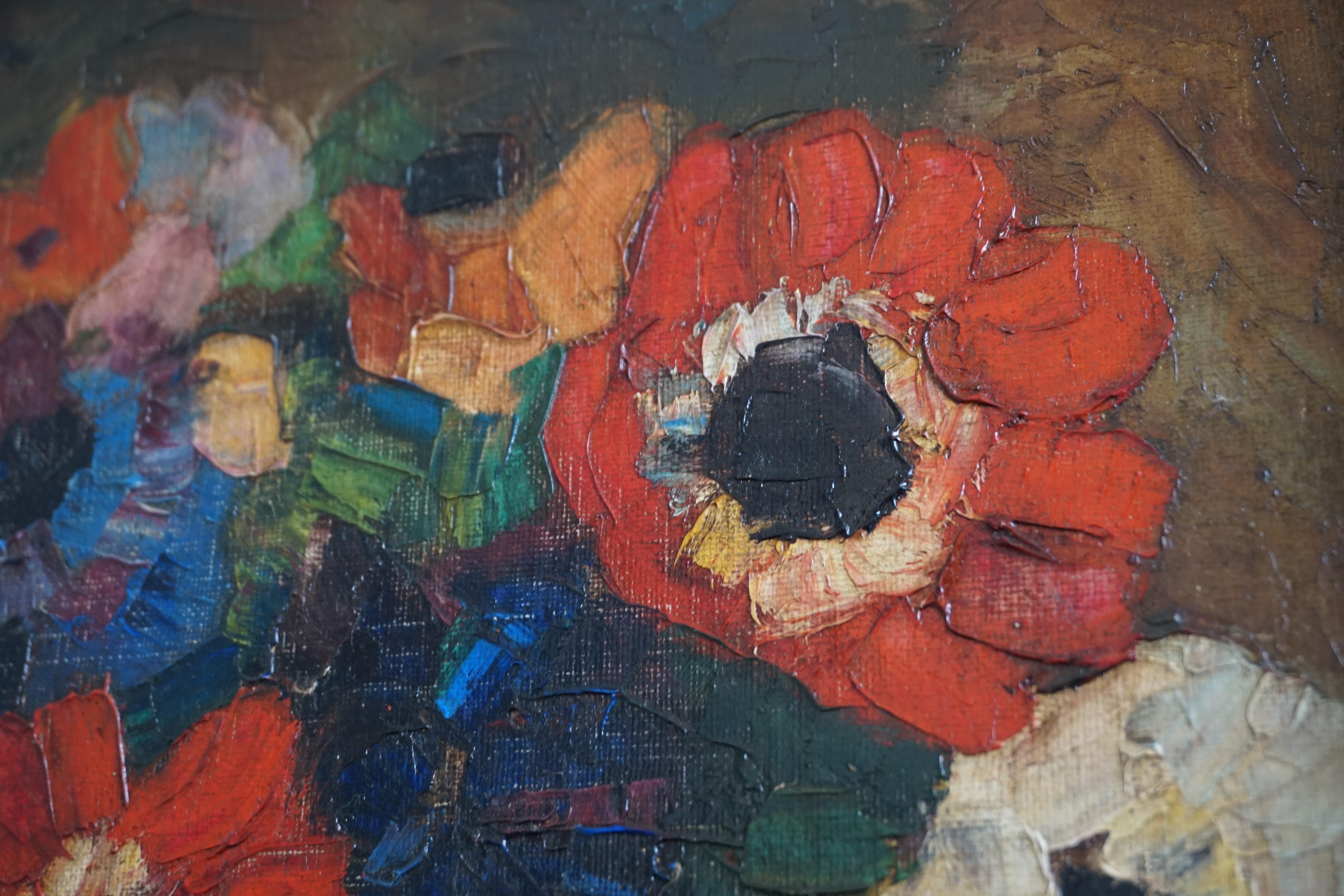 Bunter und lebendiger Blumenstrauß in Vase, Gemälde, Anfang bis Mitte des 20. Jahrhunderts im Zustand „Gut“ im Angebot in Lisse, NL