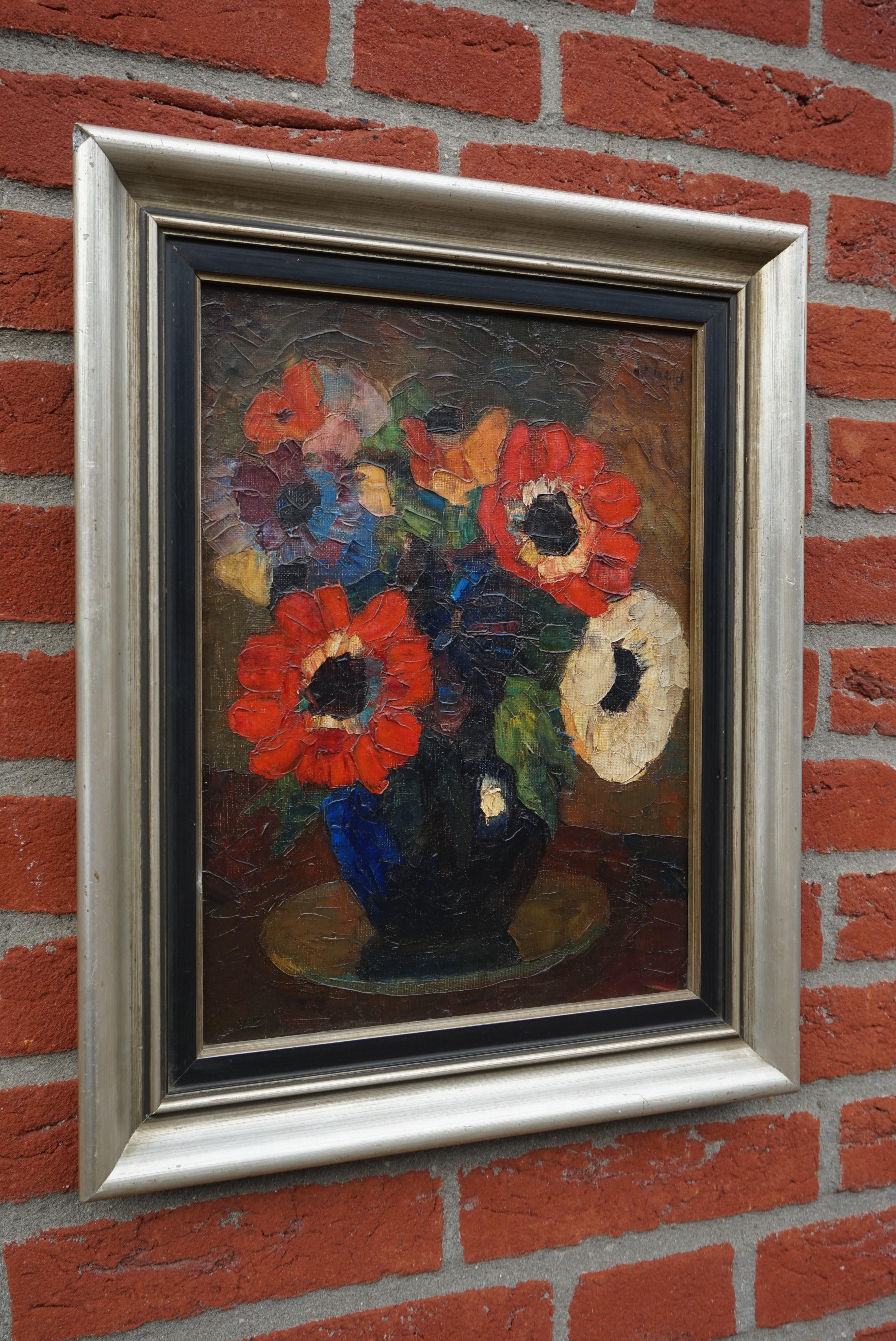 Bois Peinture de vase représentant un bouquet de fleurs coloré et vibrant, début ou milieu du 20e siècle en vente