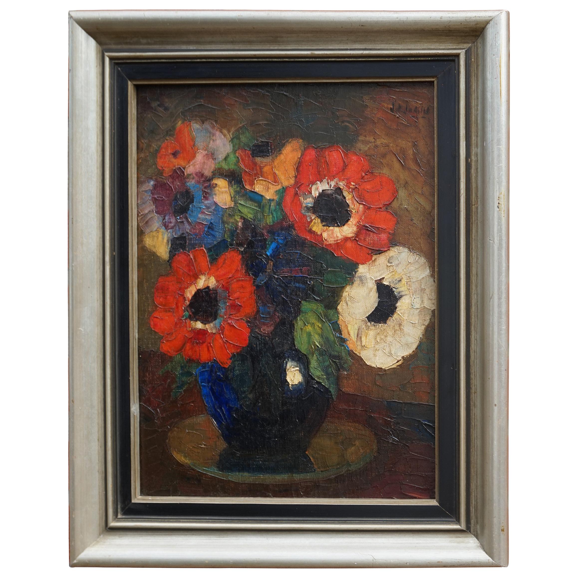 Peinture de vase représentant un bouquet de fleurs coloré et vibrant, début ou milieu du 20e siècle