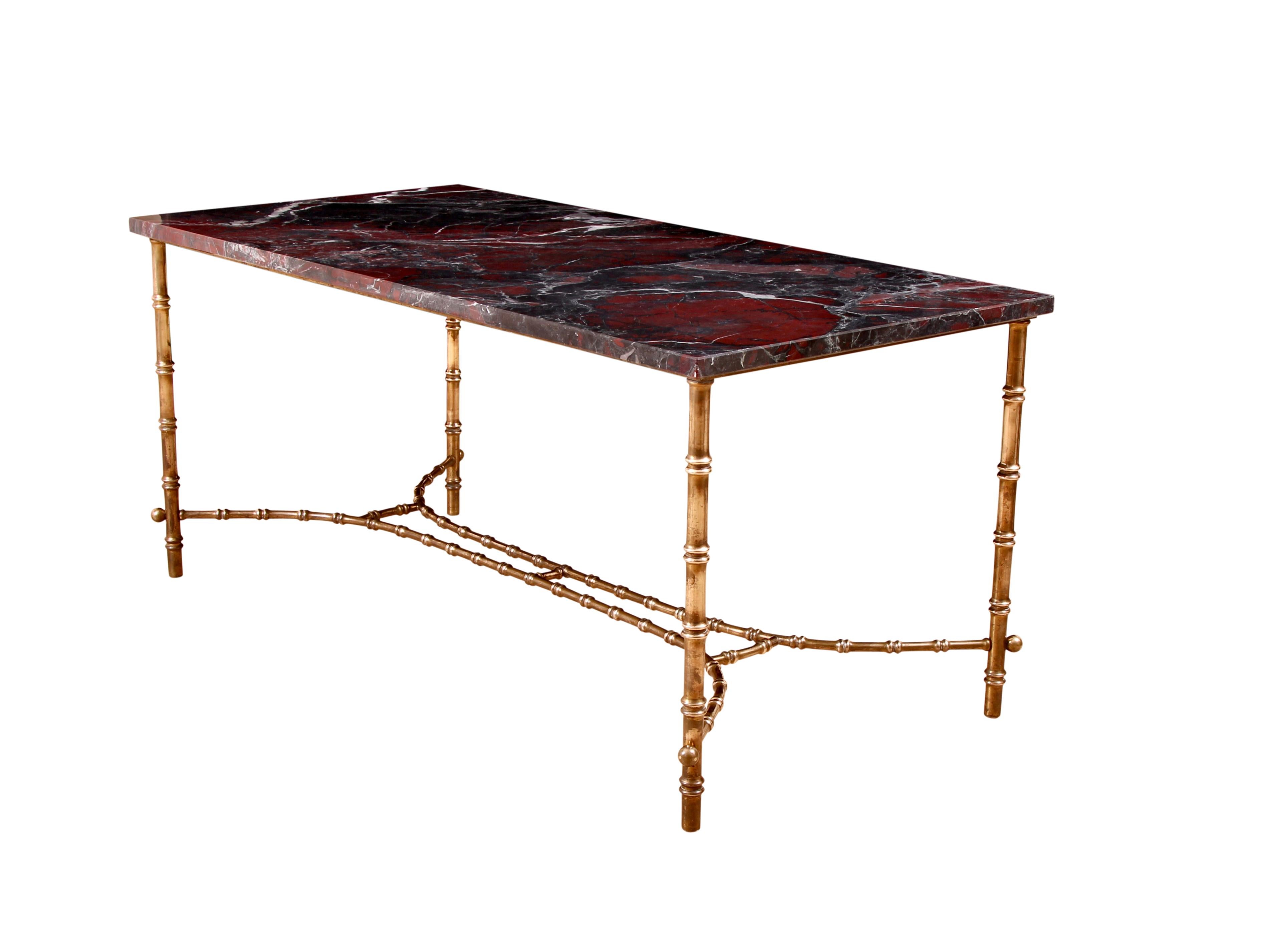 Chinoiserie Early to Mid-20th Century French Marble & Faux Bamboo Brass Coffee Table