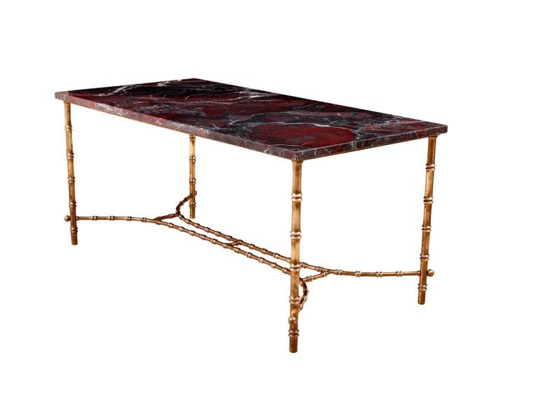 Chinoiserie Early to Mid-20th Century French Marble & Faux Bamboo Brass Coffee Table For Sale