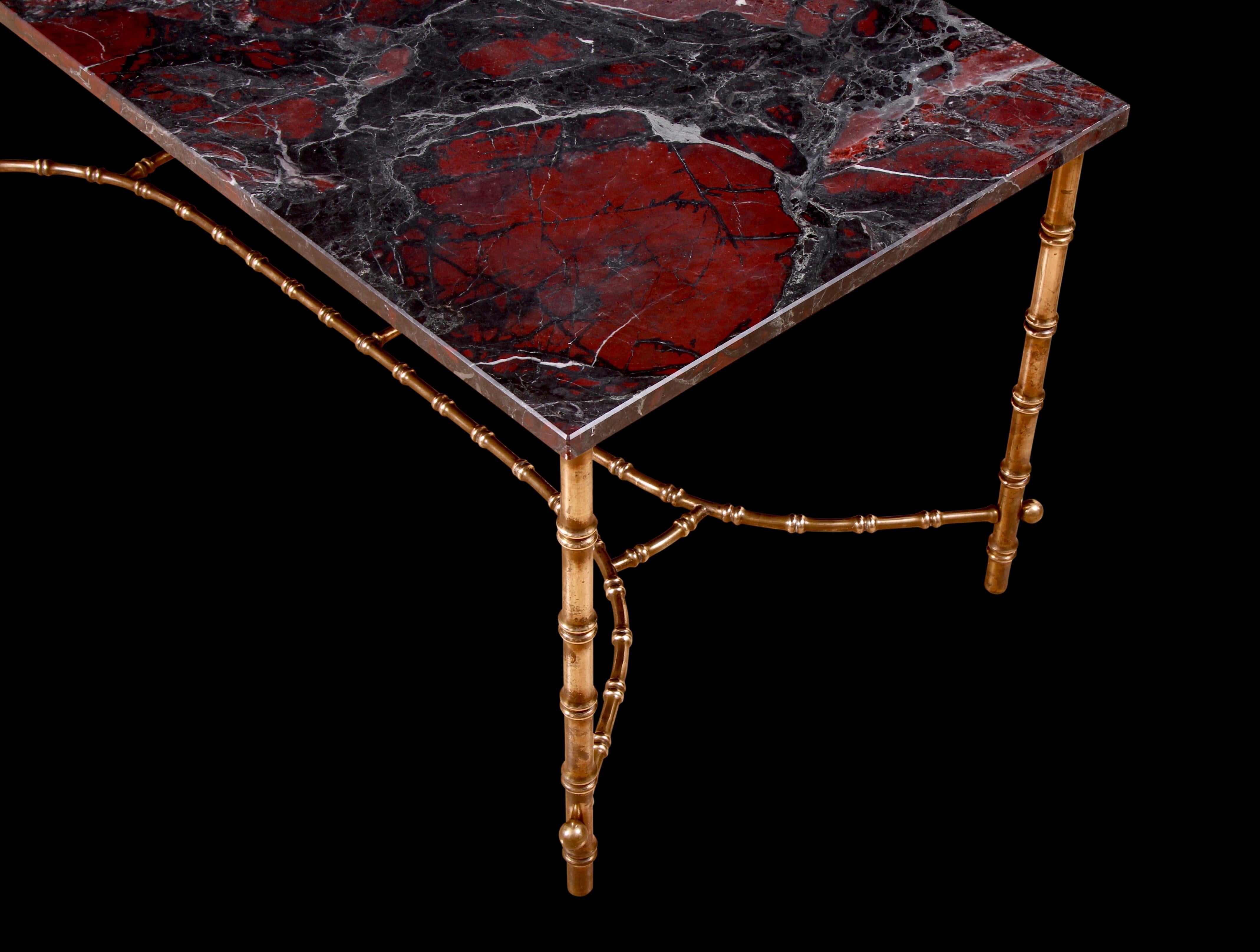 Lacquered Early to Mid-20th Century French Marble & Faux Bamboo Brass Coffee Table