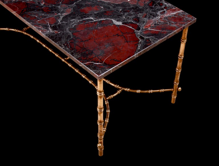 Lacquered Early to Mid-20th Century French Marble & Faux Bamboo Brass Coffee Table For Sale