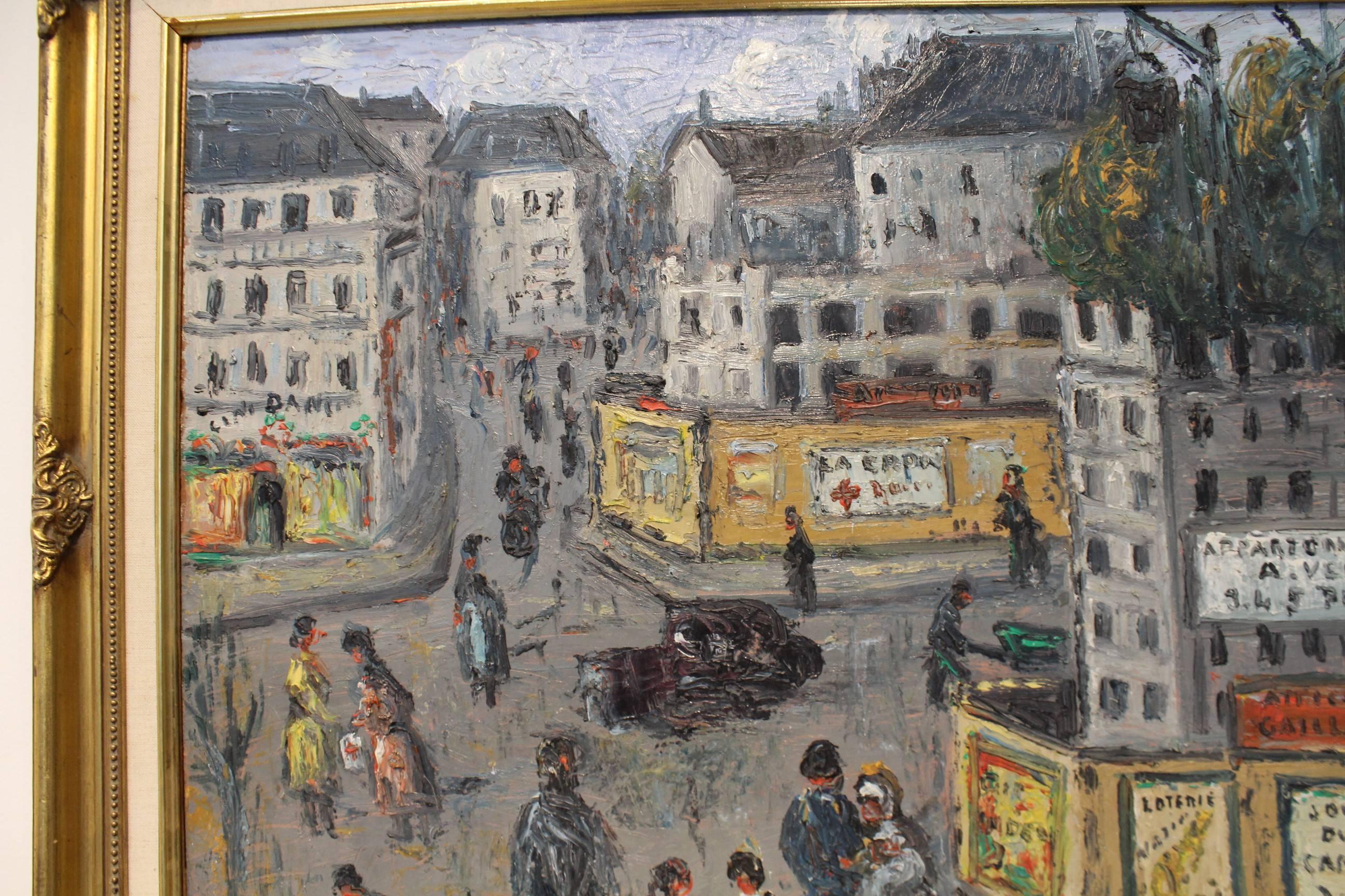 Painted in a confident yet brut fashion, this unique painting of a Parisian intersection captures the hustle and bustle of a real Parisian neighborhood away from the tourist thoroughfares. Note the signs of construction/demolition and adverts. Oil