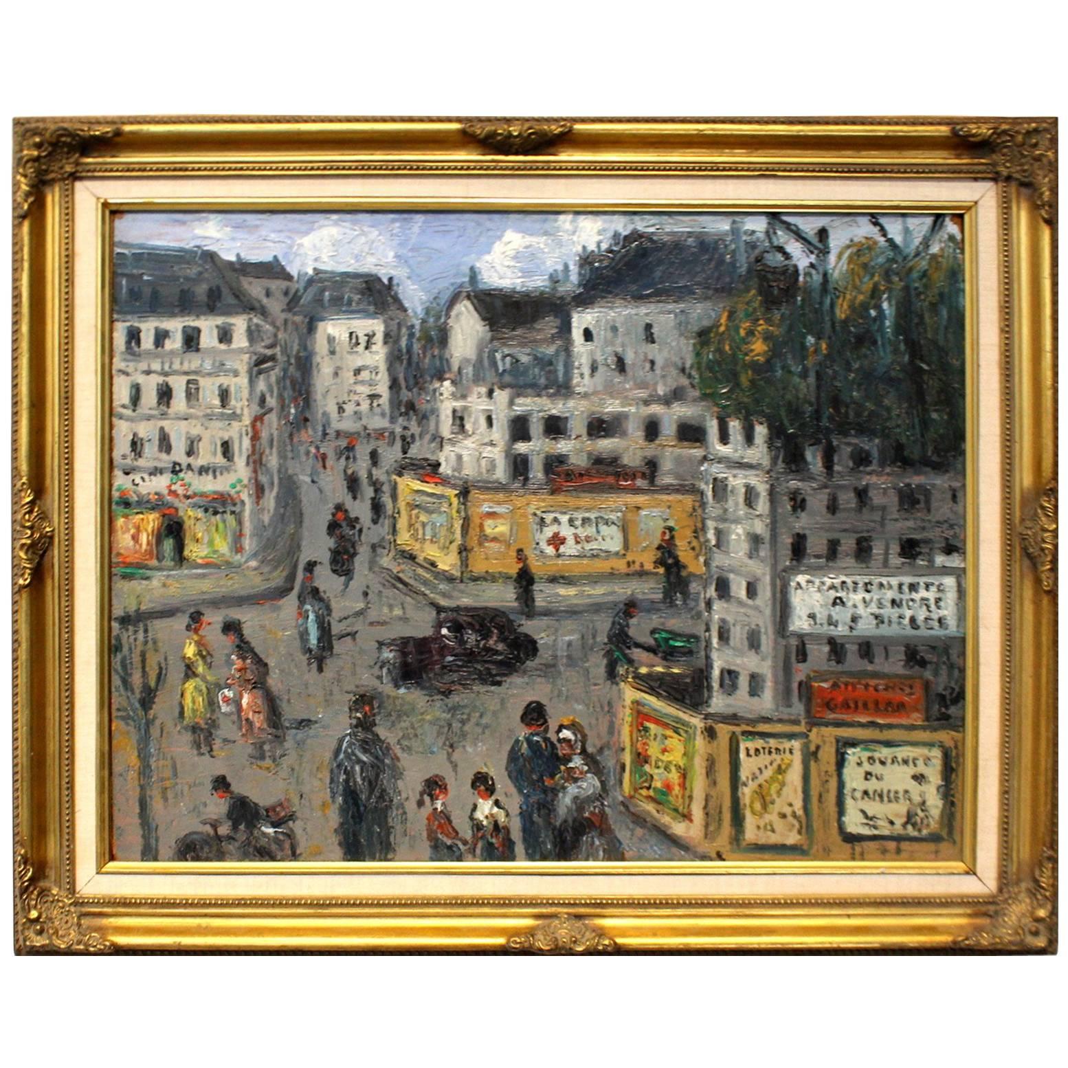 Early to Mid-20th Century Paris Street Scene Oil Painting For Sale
