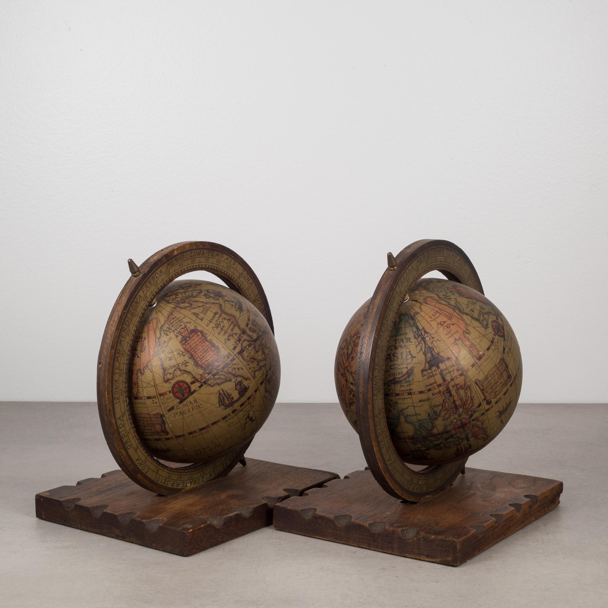 Metal Early to Mid-20th Century Rotating Globe Bookends, circa 1940s-1950s
