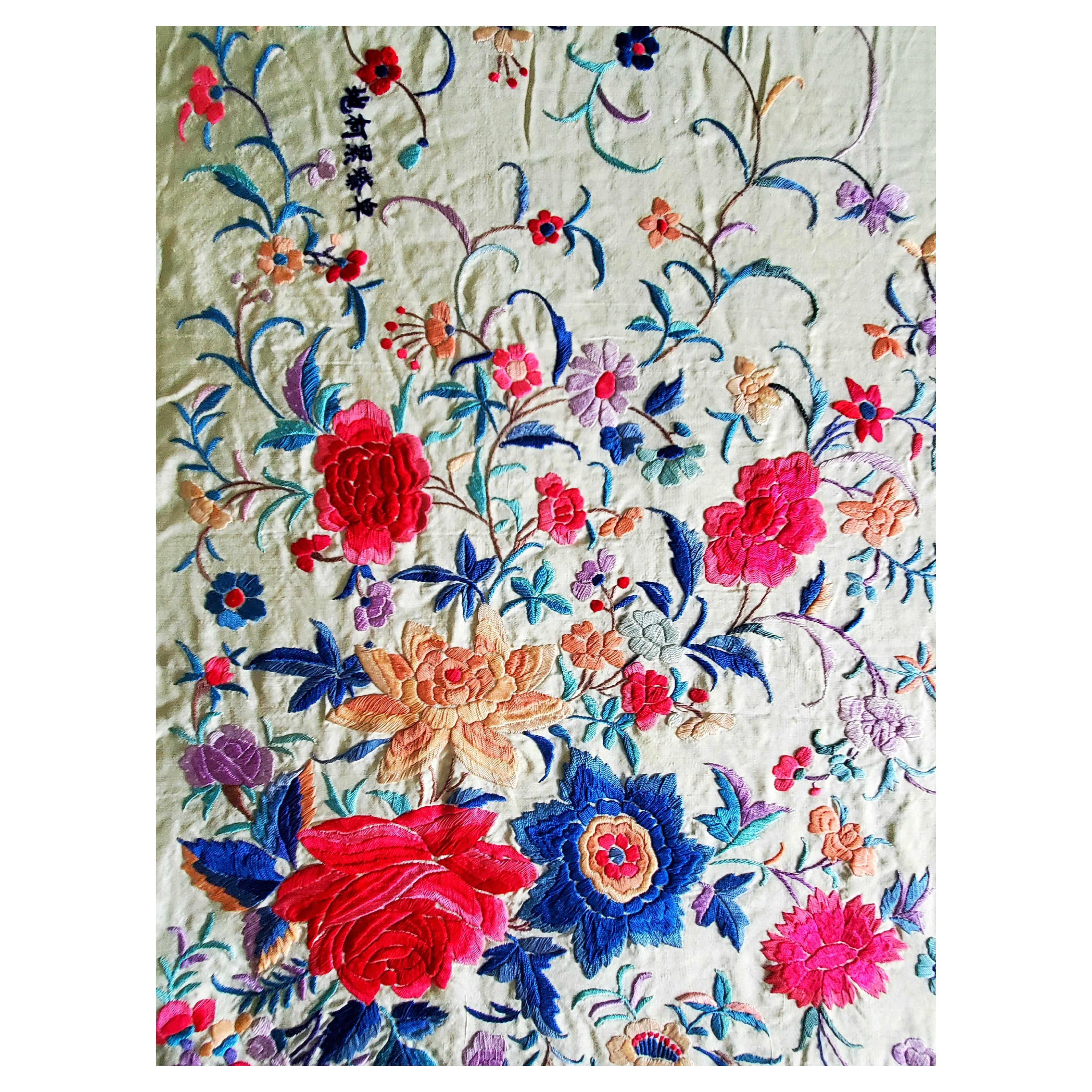 What a magnificent one-of-a-kind Valentine's Day gift this would be! Wow!!

This Chinese silk embroidered shawl is signed by the maker--a very rare find, indeed. This piece is also known as a Canton Manton de Manila or flamenco shawl. Hand