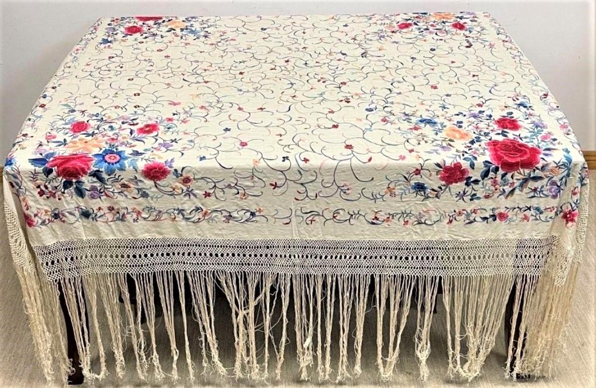 20th Century Chinese Silk Embroidery - Vintage Signed Piano Shawl  For Sale