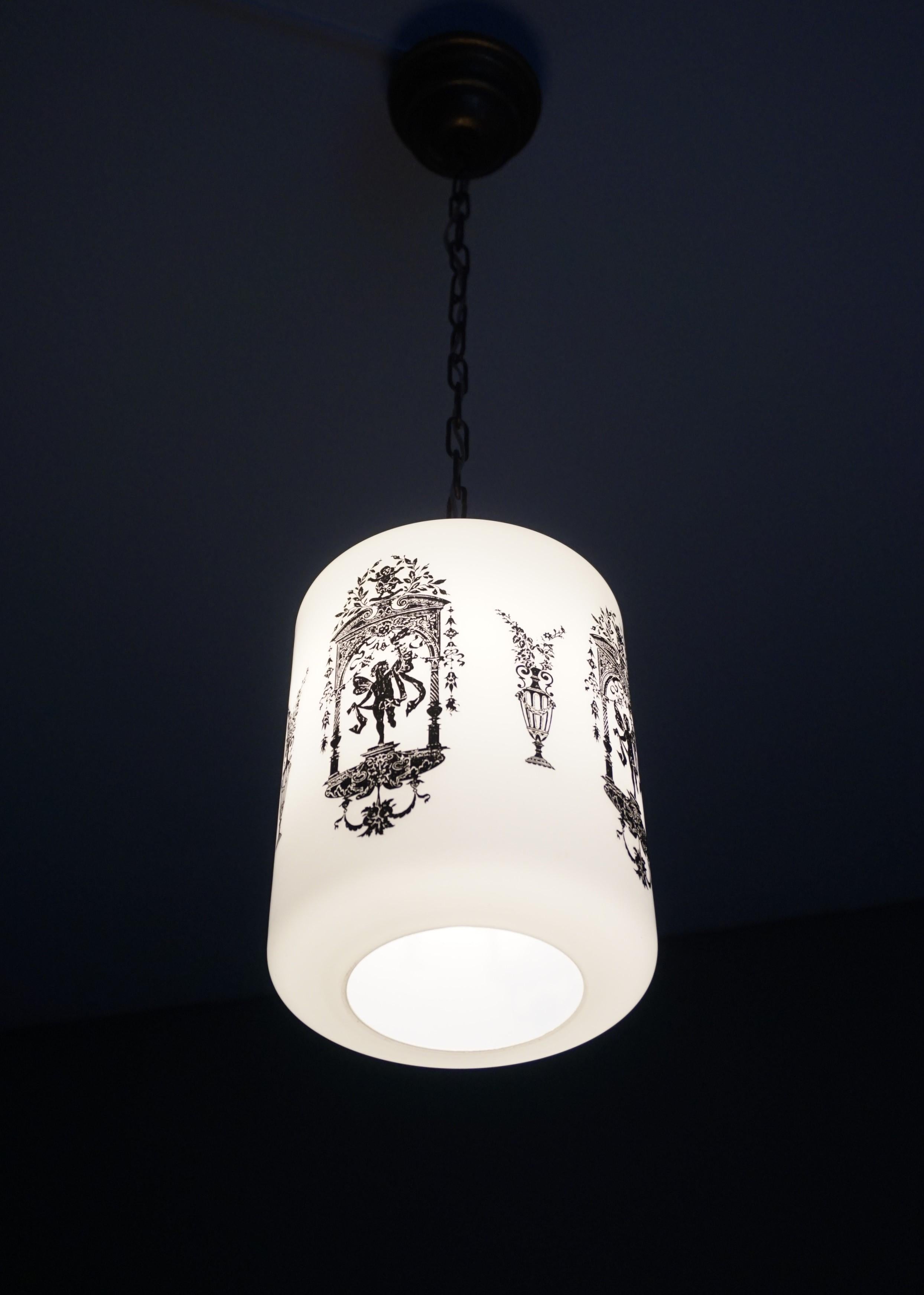 Early to Mid-20th Century Snowy White Glass Pendant with Black Renaissance Decor For Sale 7