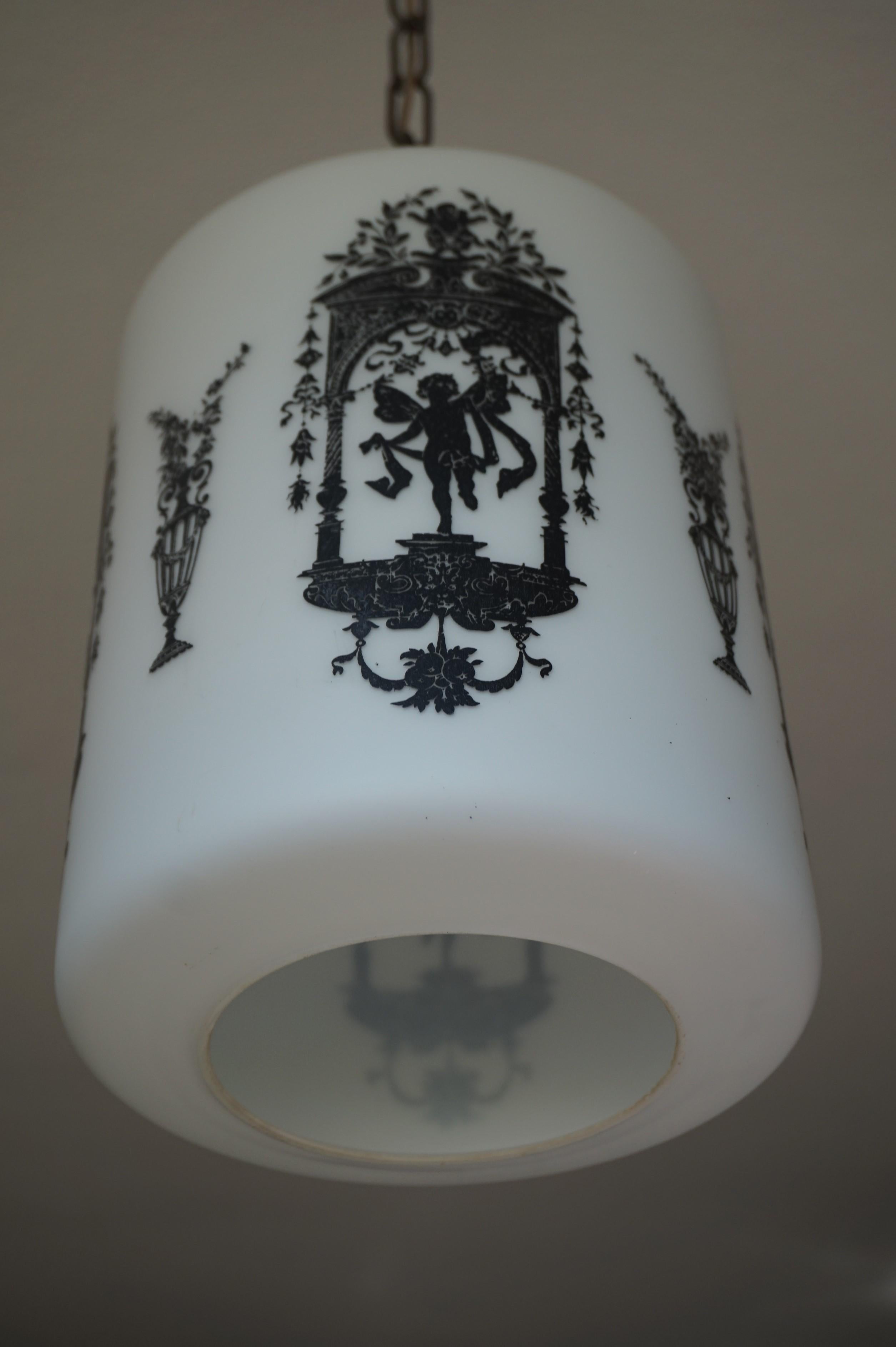 Early to Mid-20th Century Snowy White Glass Pendant with Black Renaissance Decor For Sale 8
