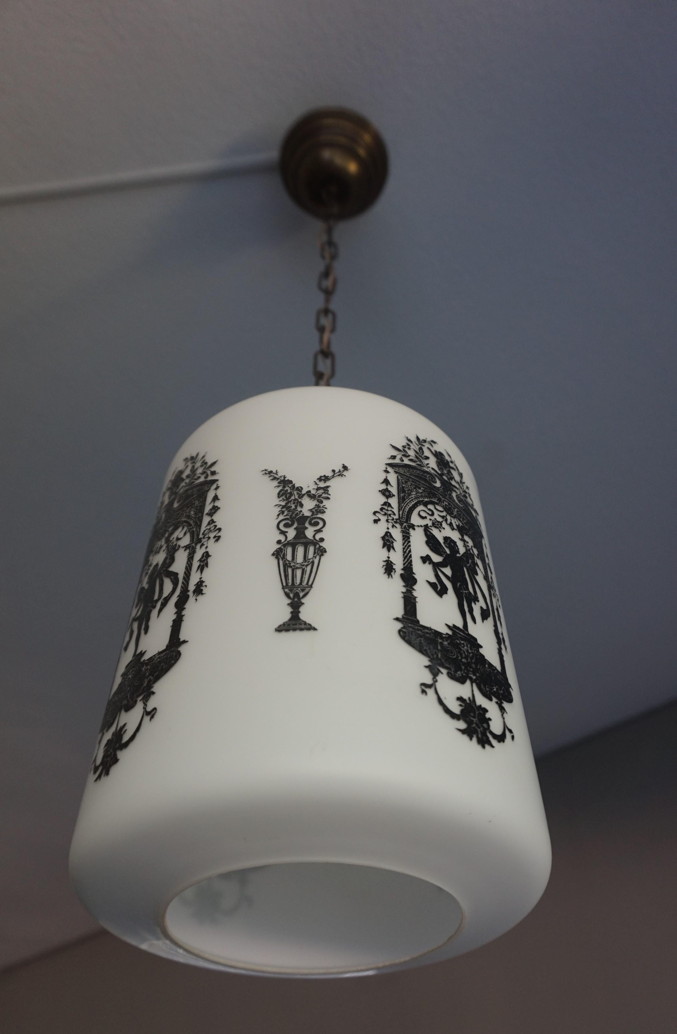 Early to Mid-20th Century Snowy White Glass Pendant with Black Renaissance Decor For Sale 9