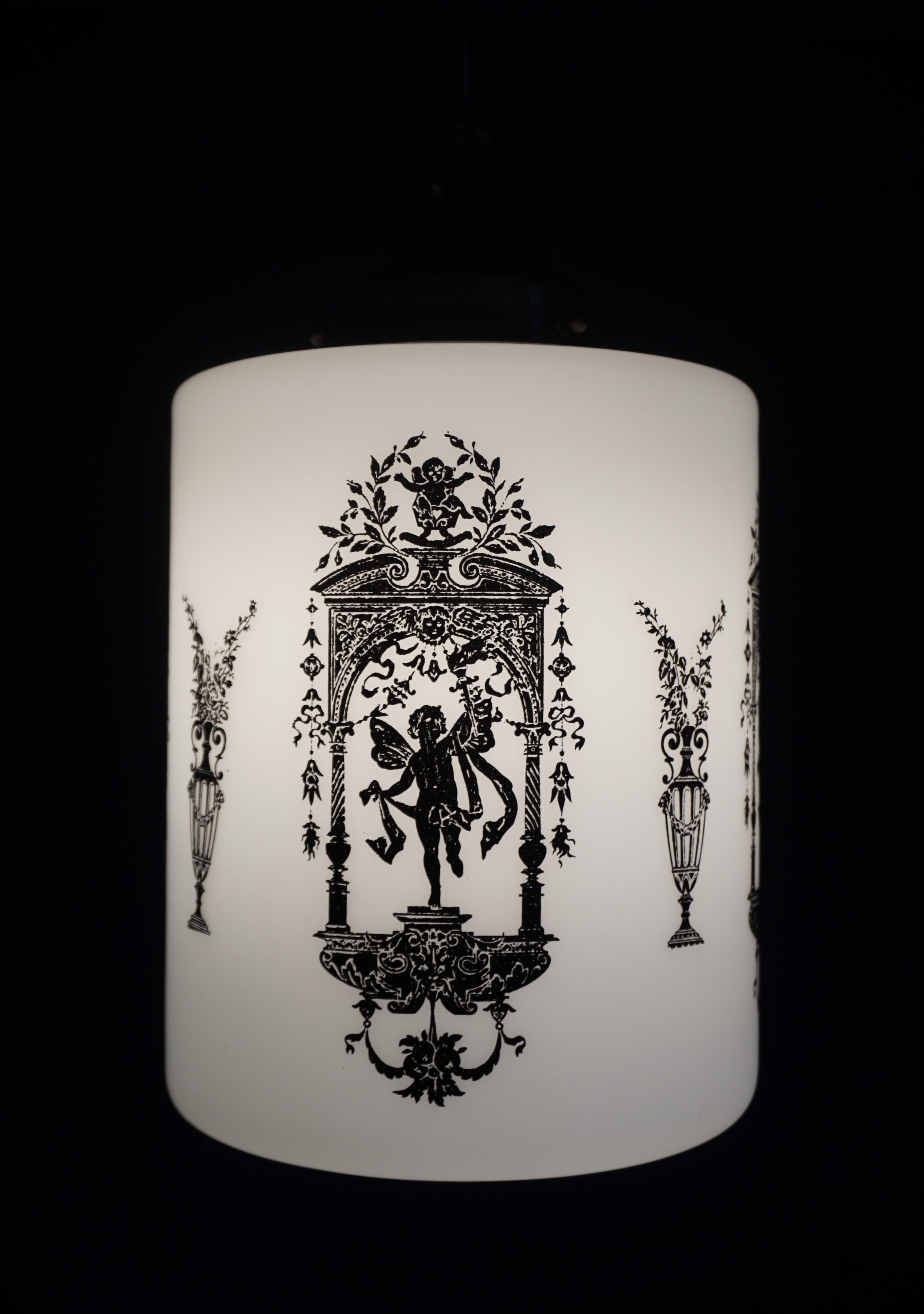 Early to Mid-20th Century Snowy White Glass Pendant with Black Renaissance Decor For Sale 11