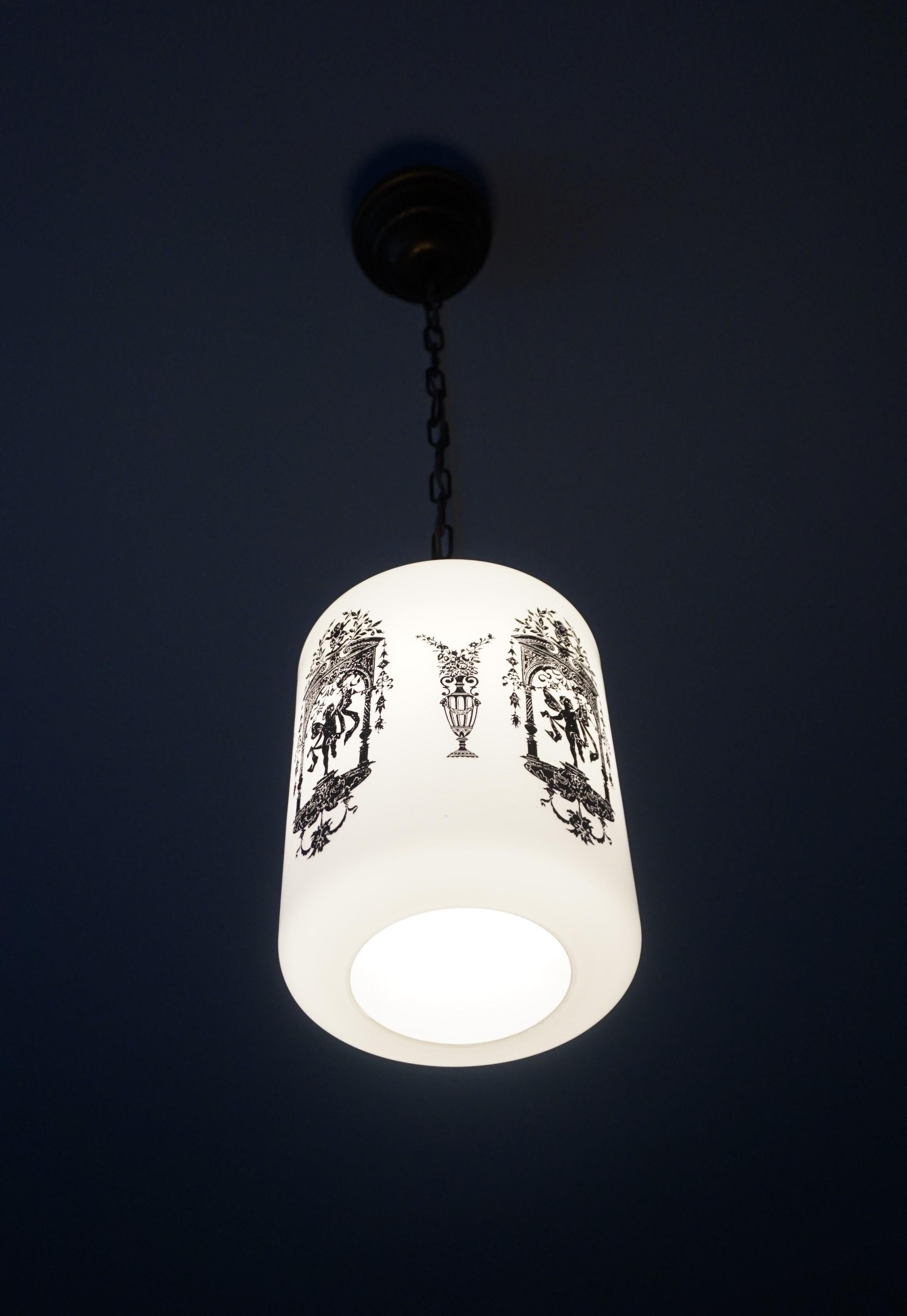 Early to Mid-20th Century Snowy White Glass Pendant with Black Renaissance Decor For Sale 13