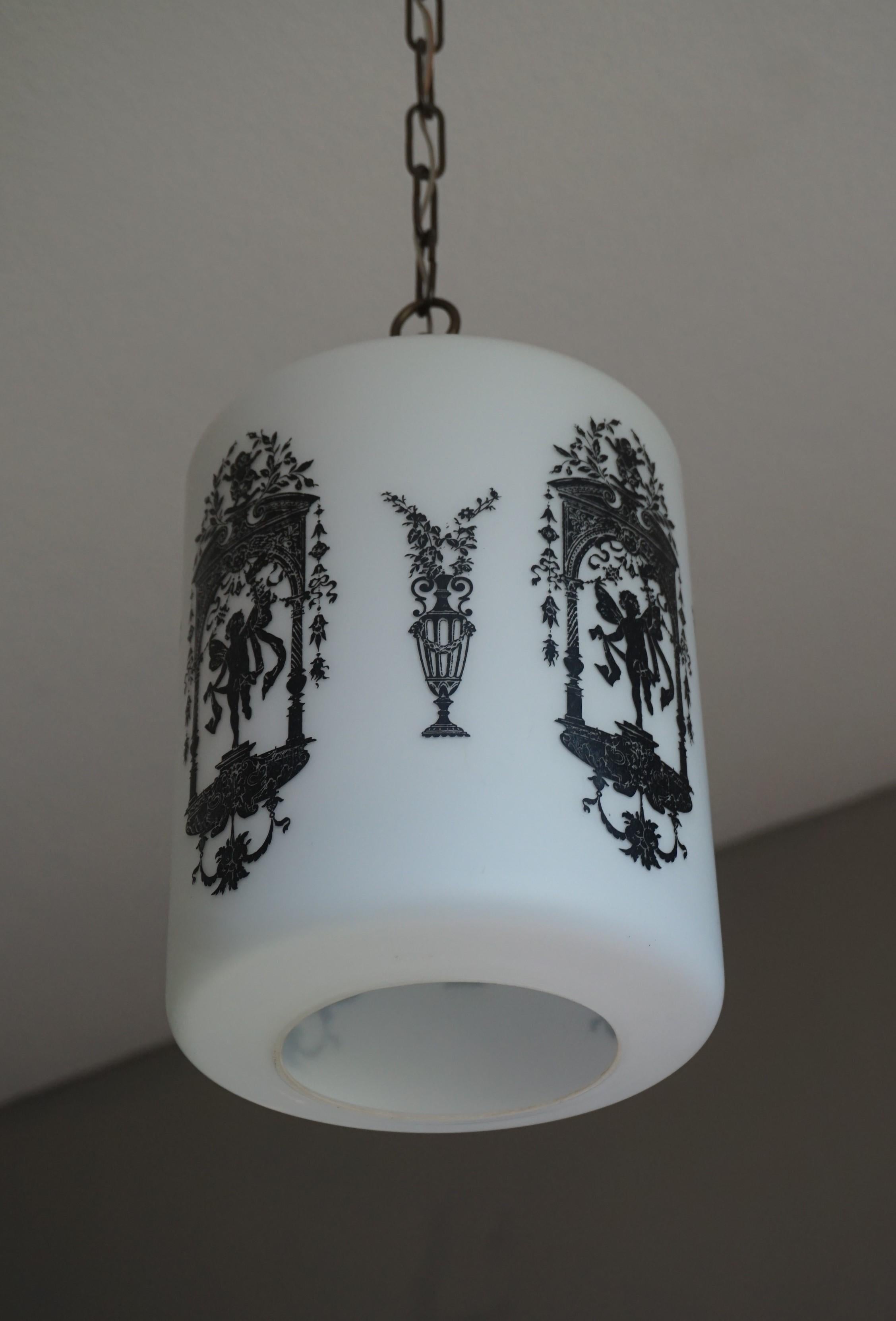 Hand-Crafted Early to Mid-20th Century Snowy White Glass Pendant with Black Renaissance Decor For Sale