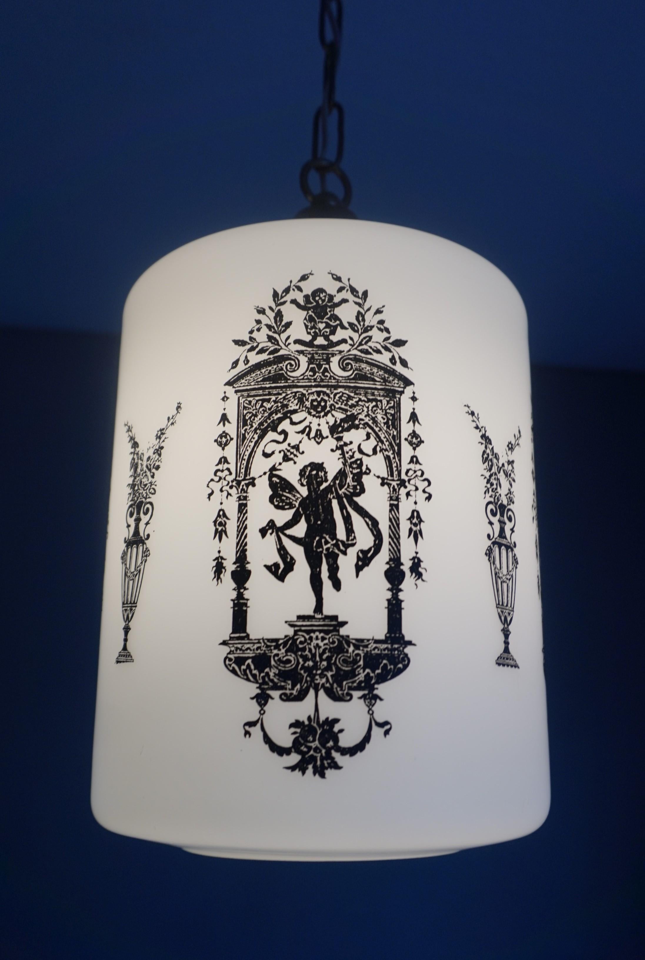 Early to Mid-20th Century Snowy White Glass Pendant with Black Renaissance Decor In Good Condition For Sale In Lisse, NL