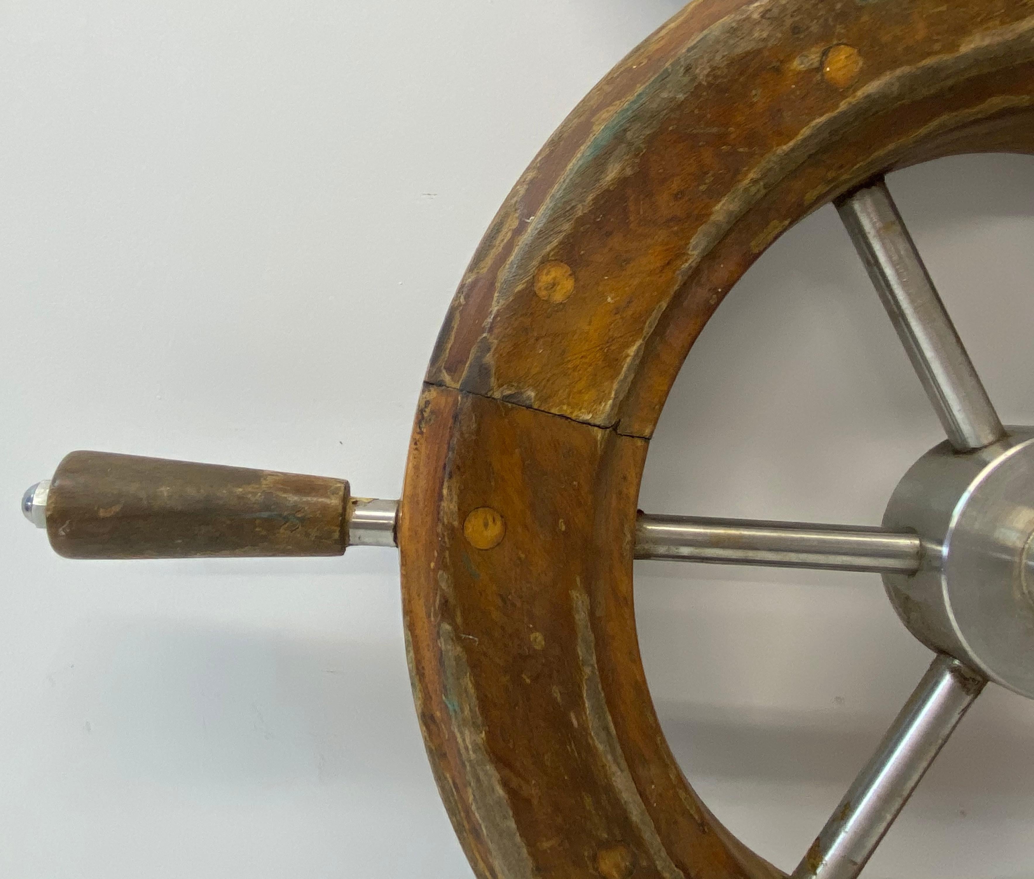 Brushed Early to Mid 20th Century Teak and Aluminum Ships Wheel 1930s to 1950s For Sale