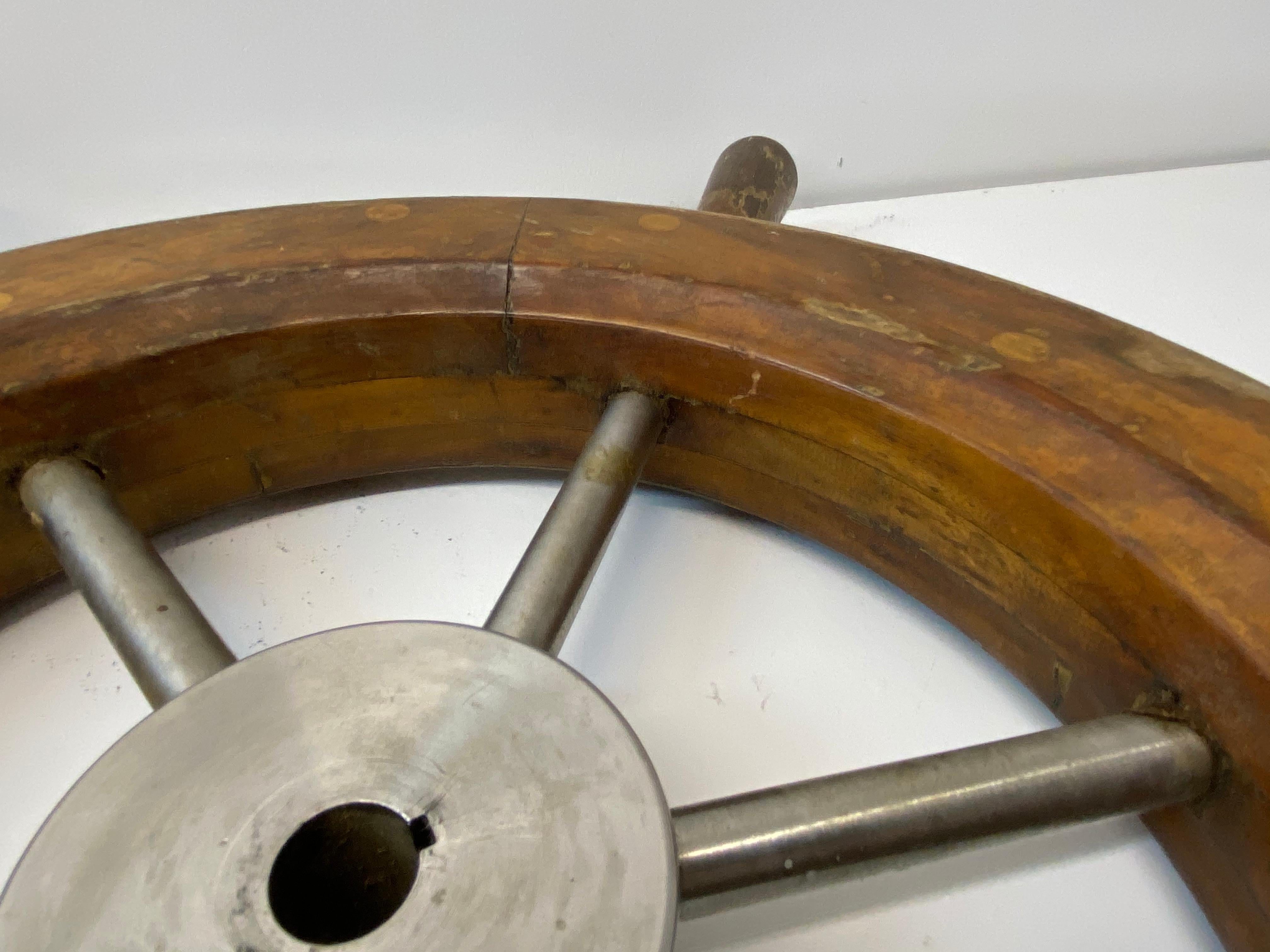 Early to Mid 20th Century Teak and Aluminum Ships Wheel 1930s to 1950s For Sale 1