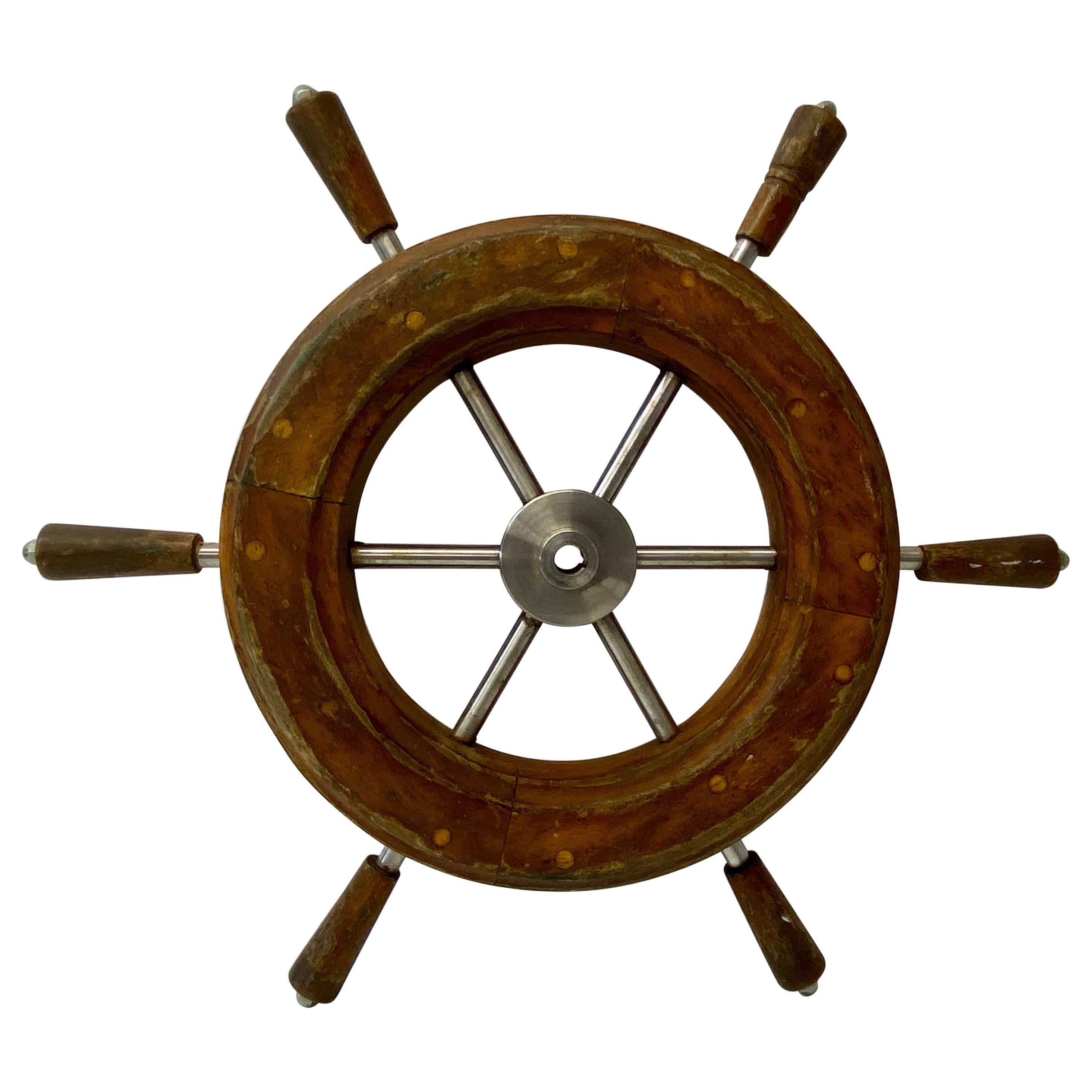 Early to Mid 20th Century Teak and Aluminum Ships Wheel 1930s to 1950s For Sale