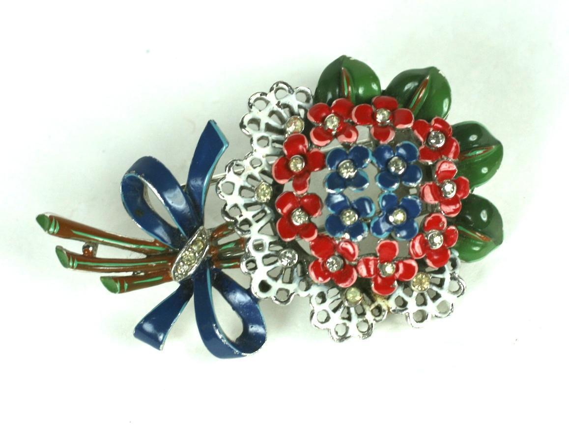 Early Trifari Enamel Bouquet Clip by Alfred Phillipe. Rhodium finish with hand painted enamel with double clip fittings.
1930's USA.    2.25