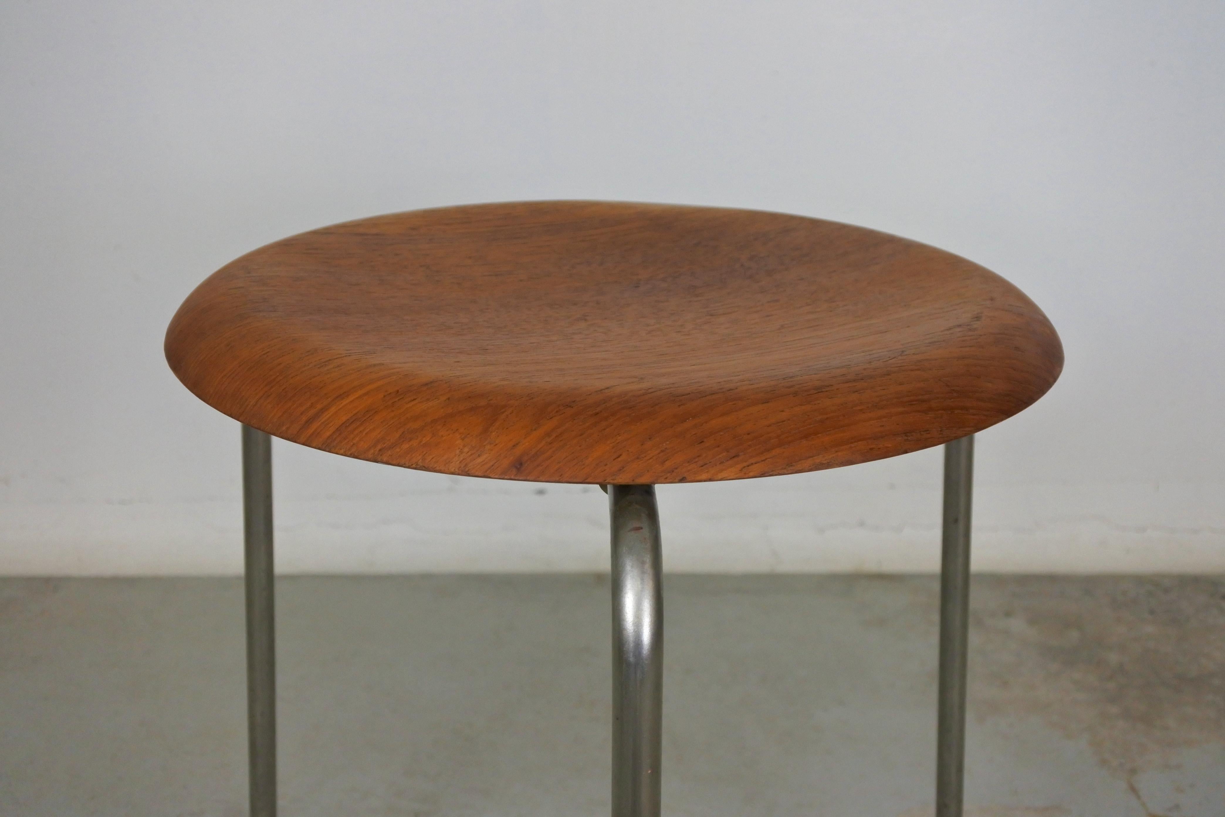 Danish Early Tripod Dot Stool by Fritz Hansen, Teak and Plated Copper, Denmark 1960s For Sale