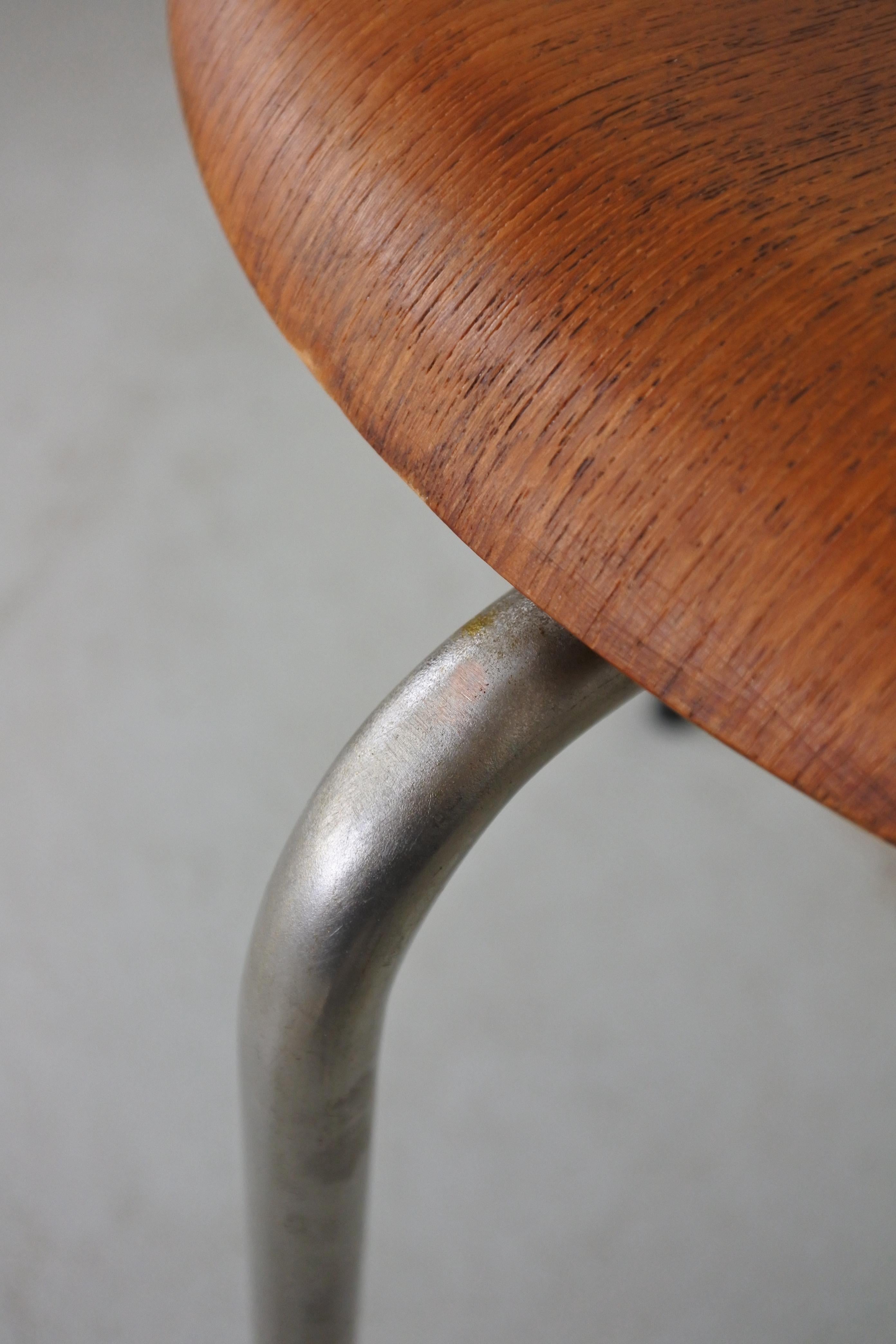 Mid-20th Century Early Tripod Dot Stool by Fritz Hansen, Teak and Plated Copper, Denmark 1960s For Sale