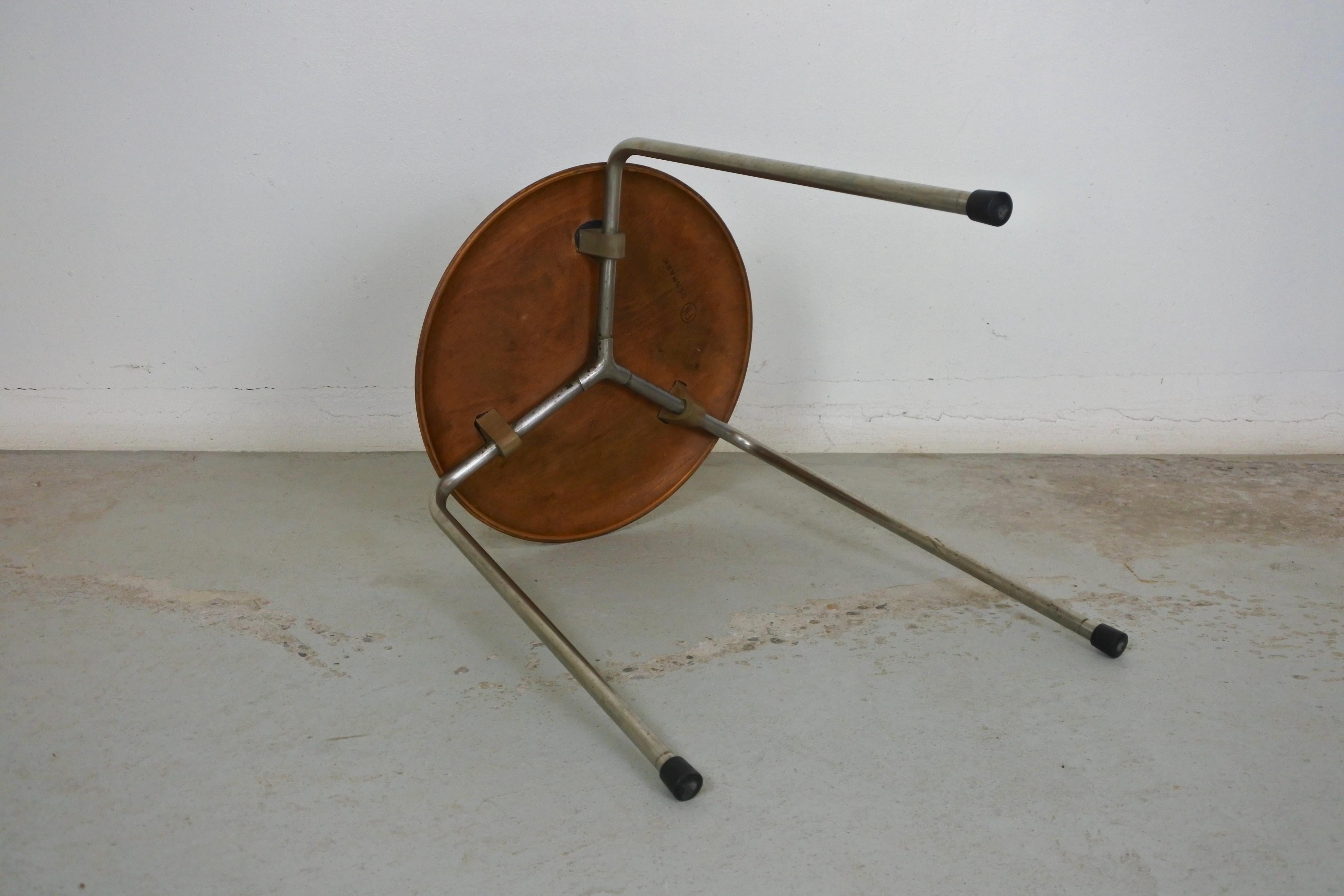 Early Tripod Dot Stool by Fritz Hansen, Teak and Plated Copper, Denmark 1960s For Sale 1