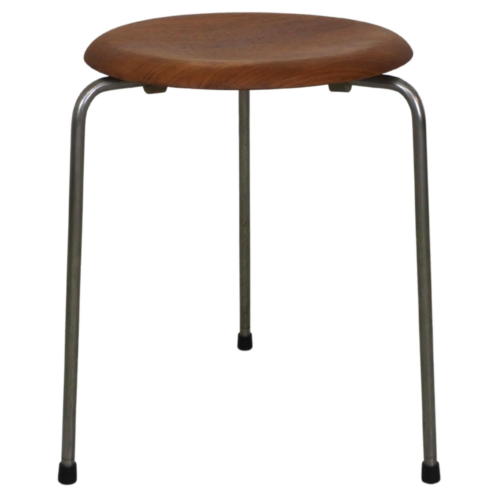 Early Tripod Dot Stool by Fritz Hansen, Teak and Plated Copper, Denmark 1960s For Sale