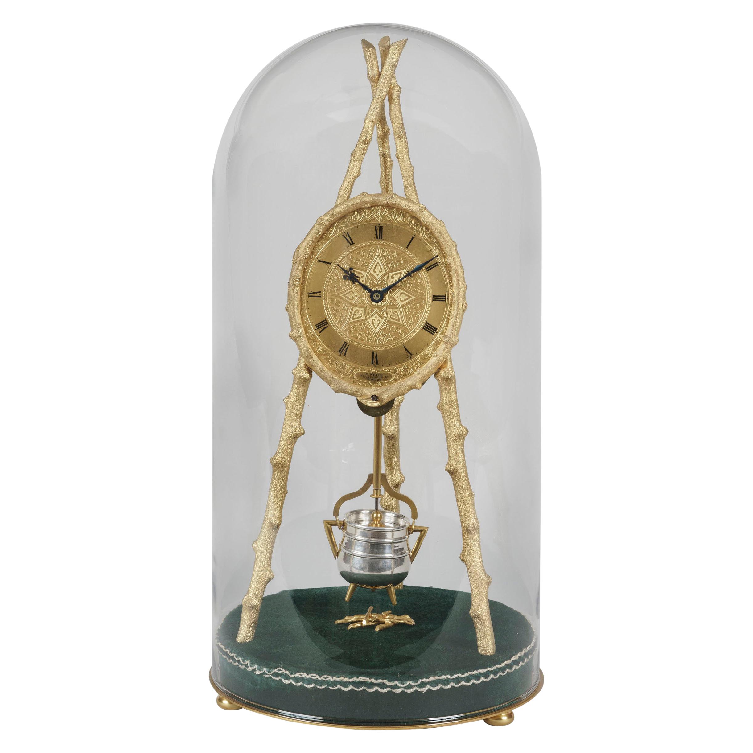 Horloge de table tripode ancienne de Thomas Cole avec dôme en verre
