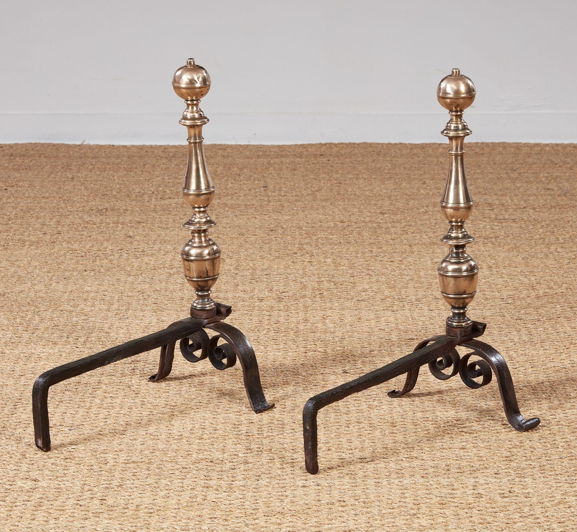 Early Turned Bronze and Scrolled Iron Andirons For Sale 6