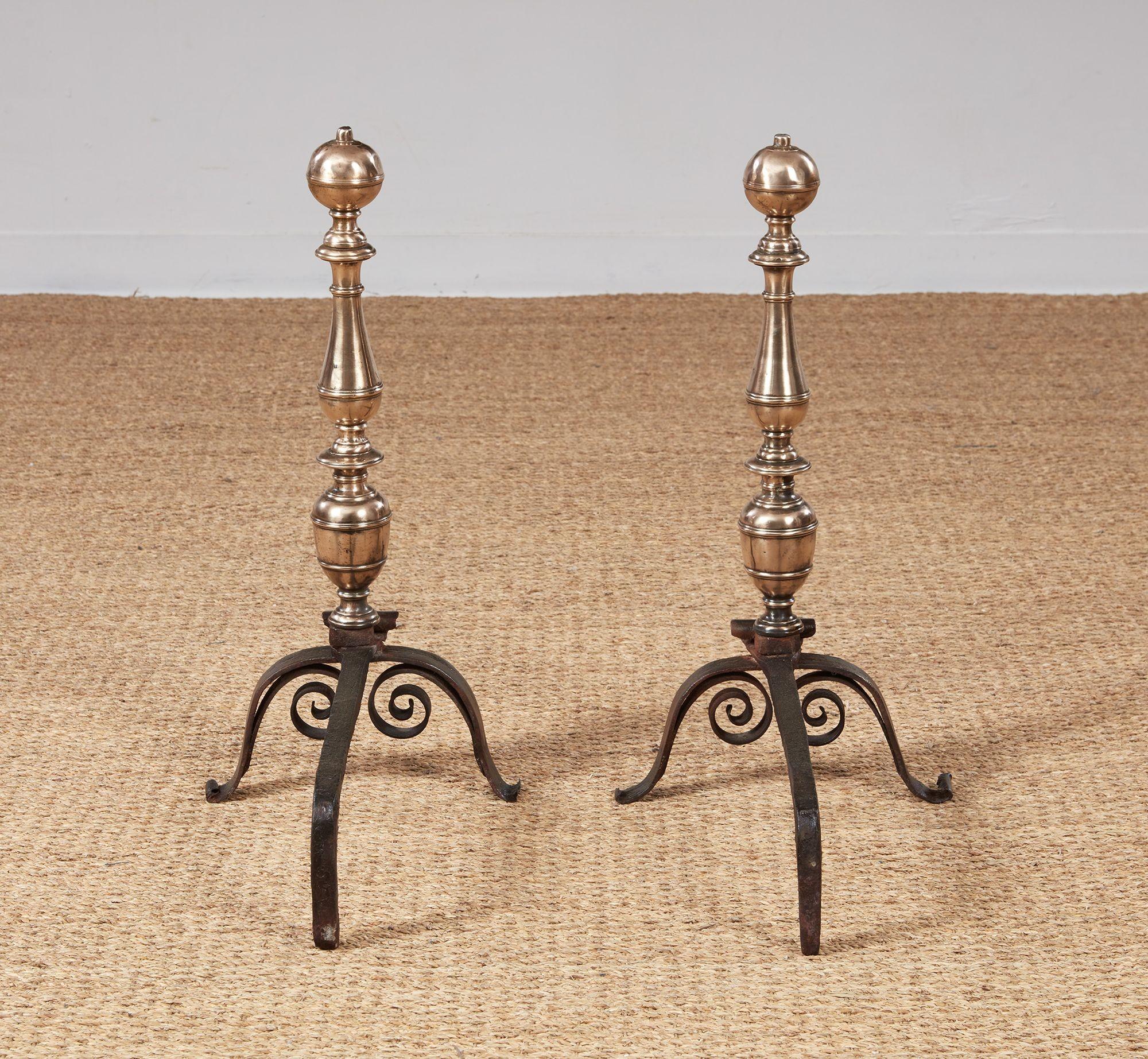 Early Turned Bronze and Scrolled Iron Andirons For Sale 7