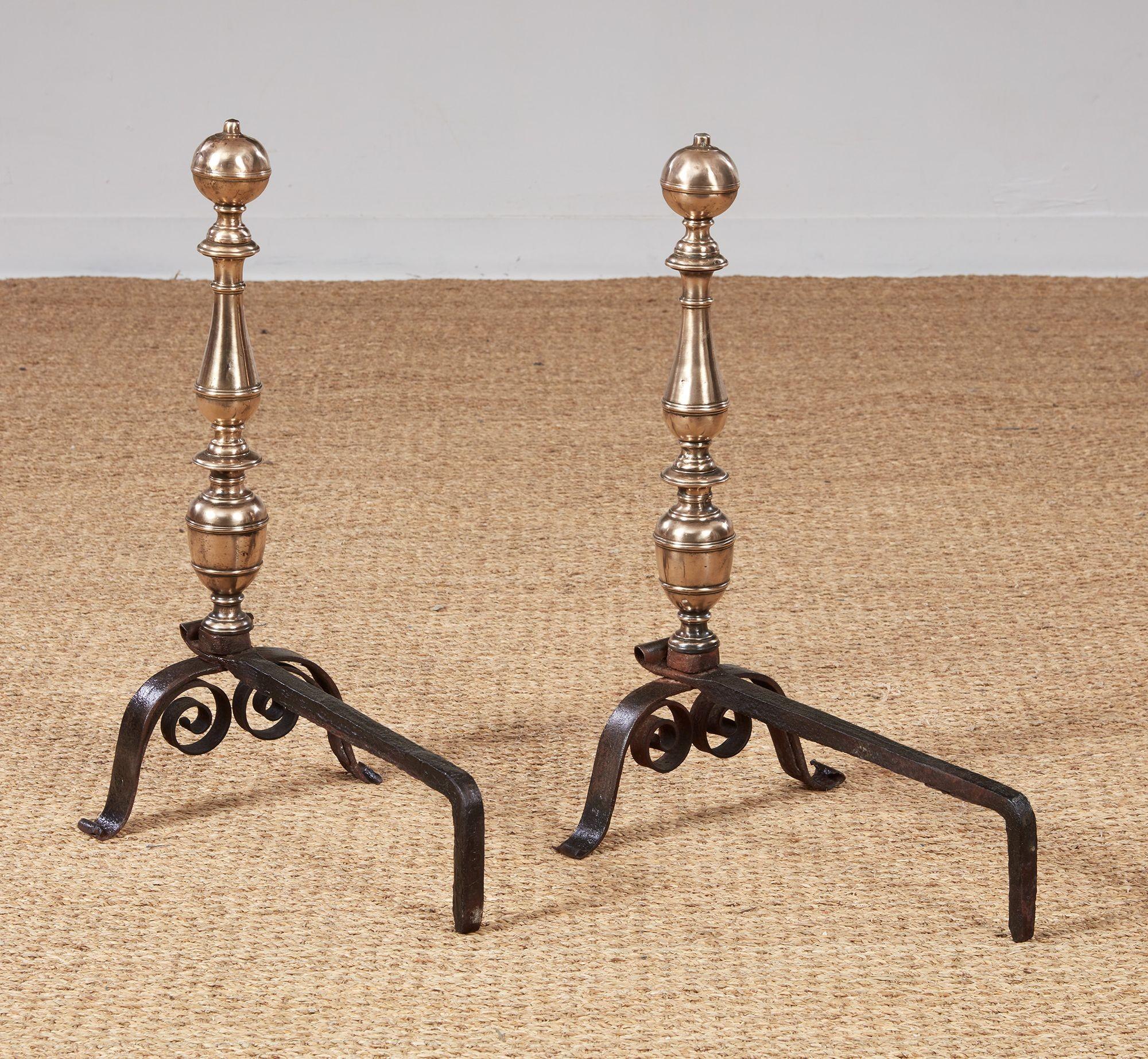 Early Turned Bronze and Scrolled Iron Andirons For Sale 8