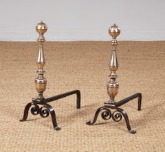 Early Turned Bronze and Scrolled Iron Andirons