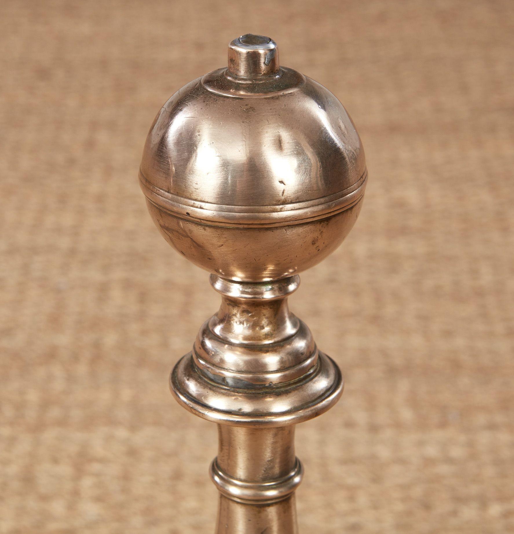 Baroque Early Turned Bronze and Scrolled Iron Andirons For Sale