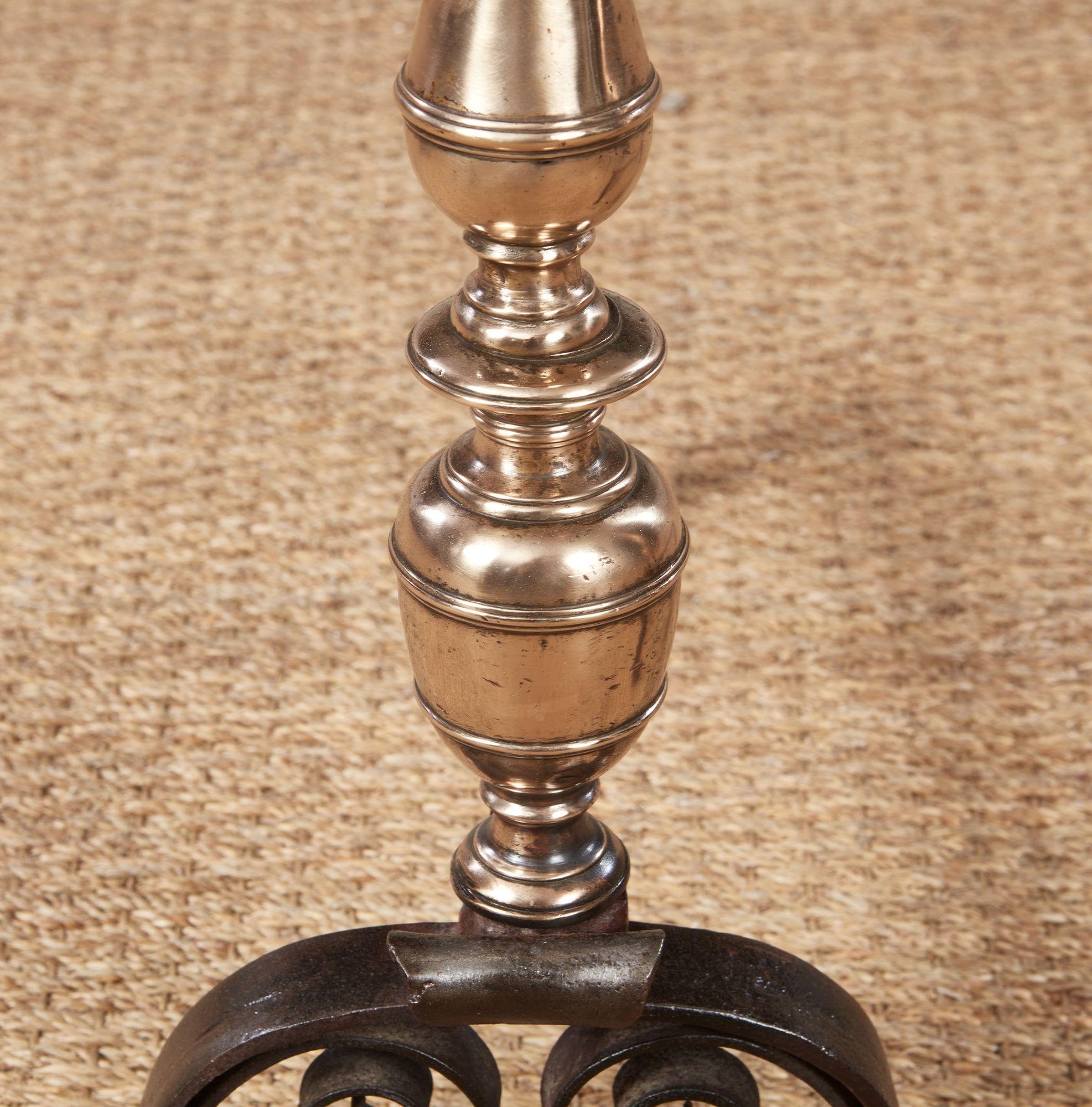 Italian Early Turned Bronze and Scrolled Iron Andirons For Sale