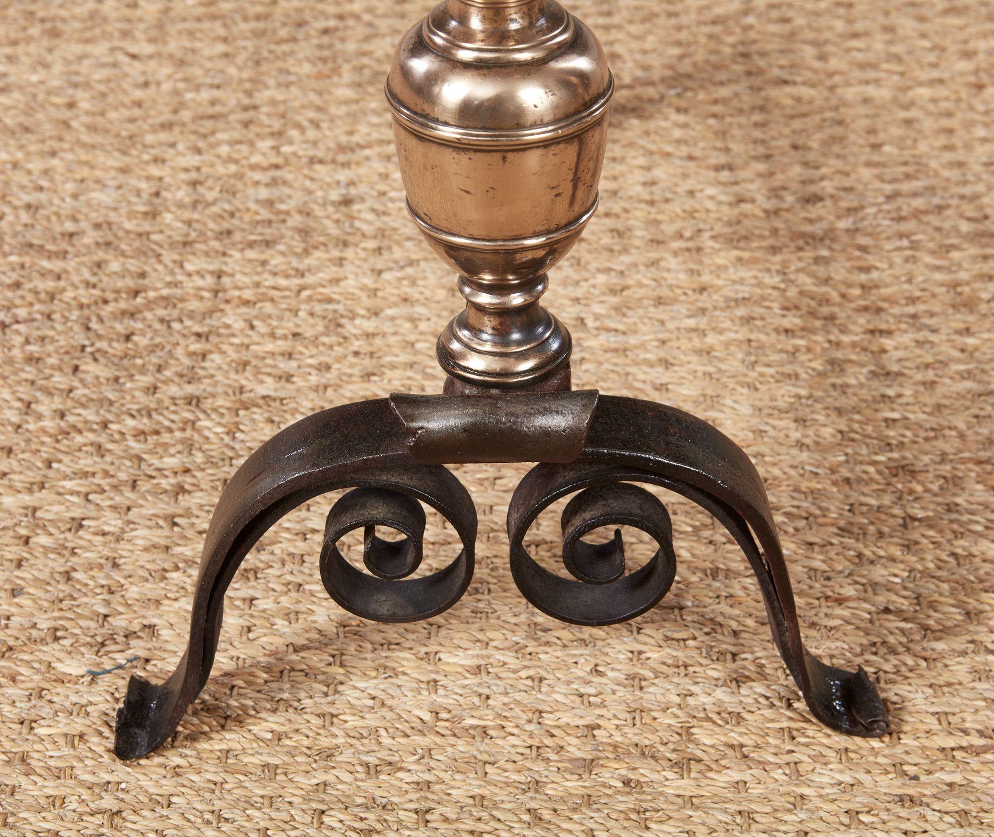 Early Turned Bronze and Scrolled Iron Andirons In Good Condition For Sale In Greenwich, CT