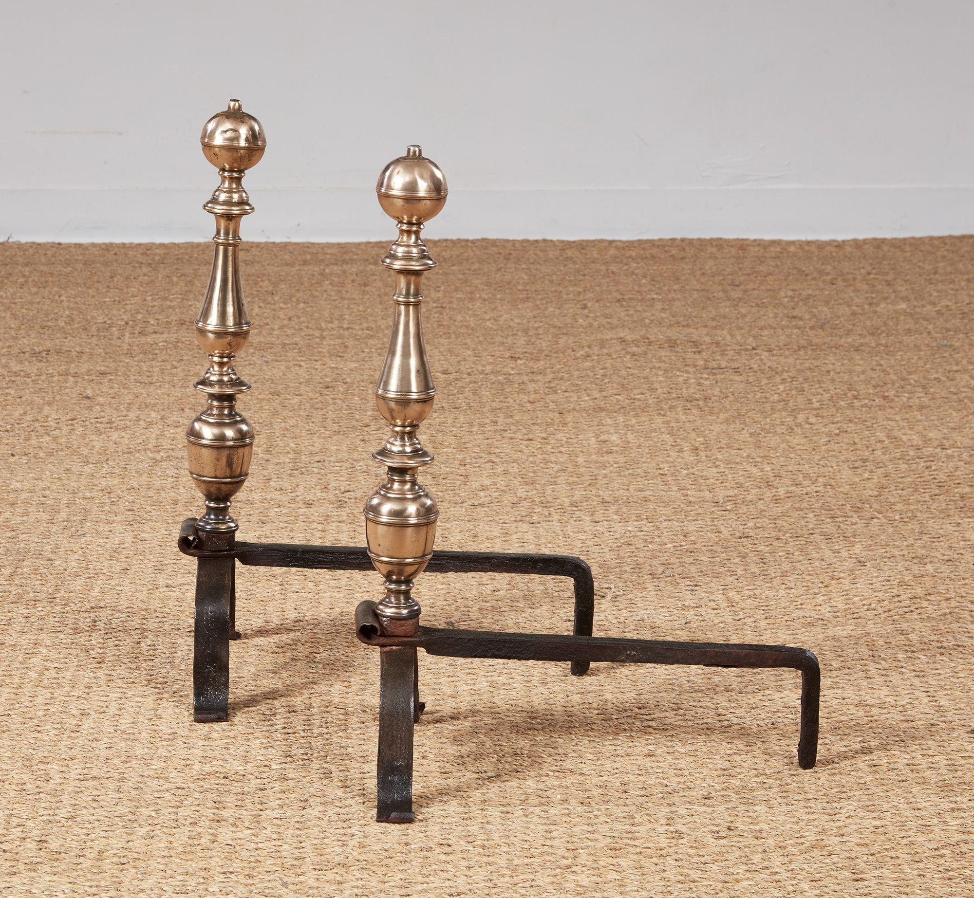 Early Turned Bronze and Scrolled Iron Andirons For Sale 1