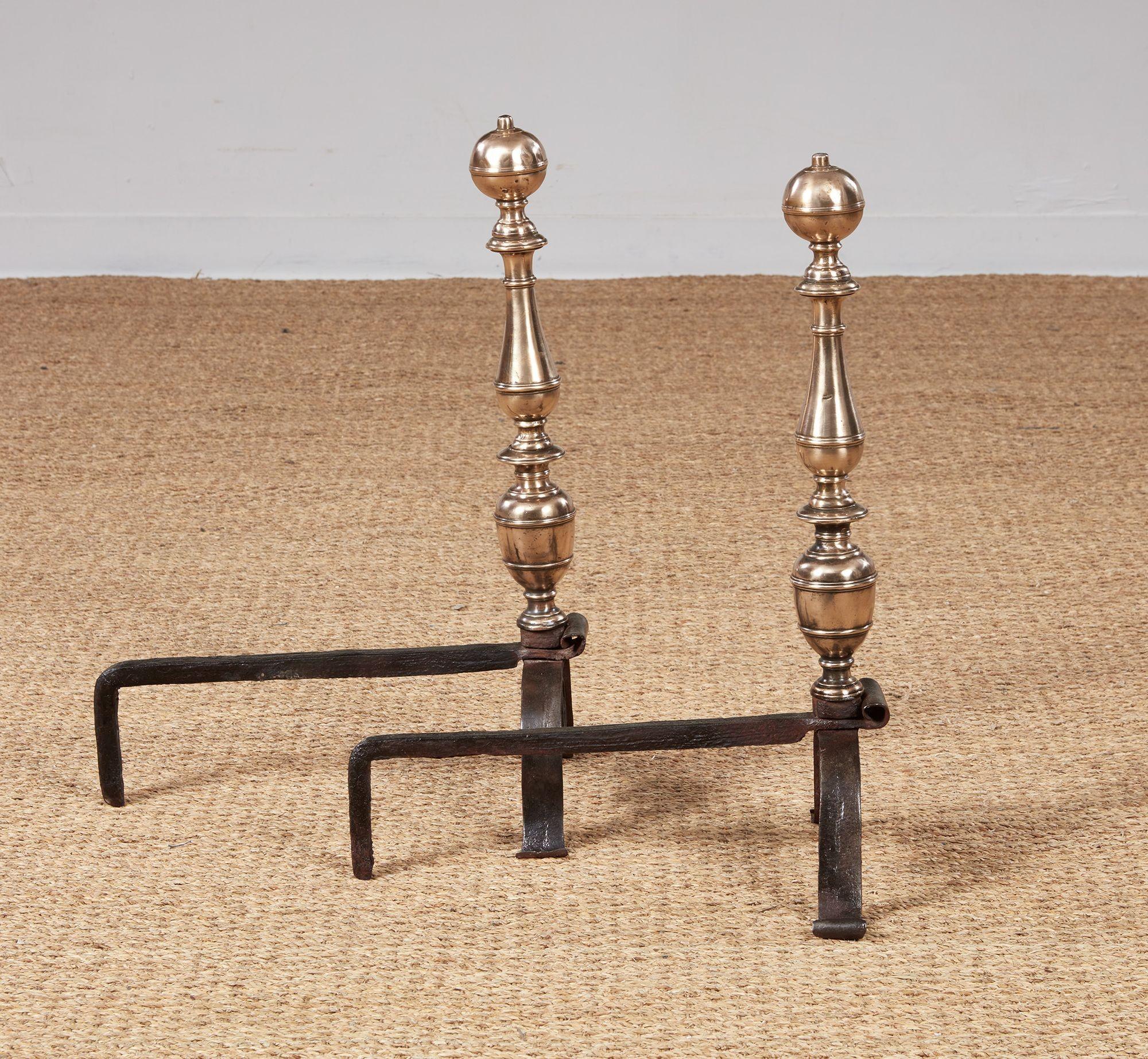 Early Turned Bronze and Scrolled Iron Andirons For Sale 2