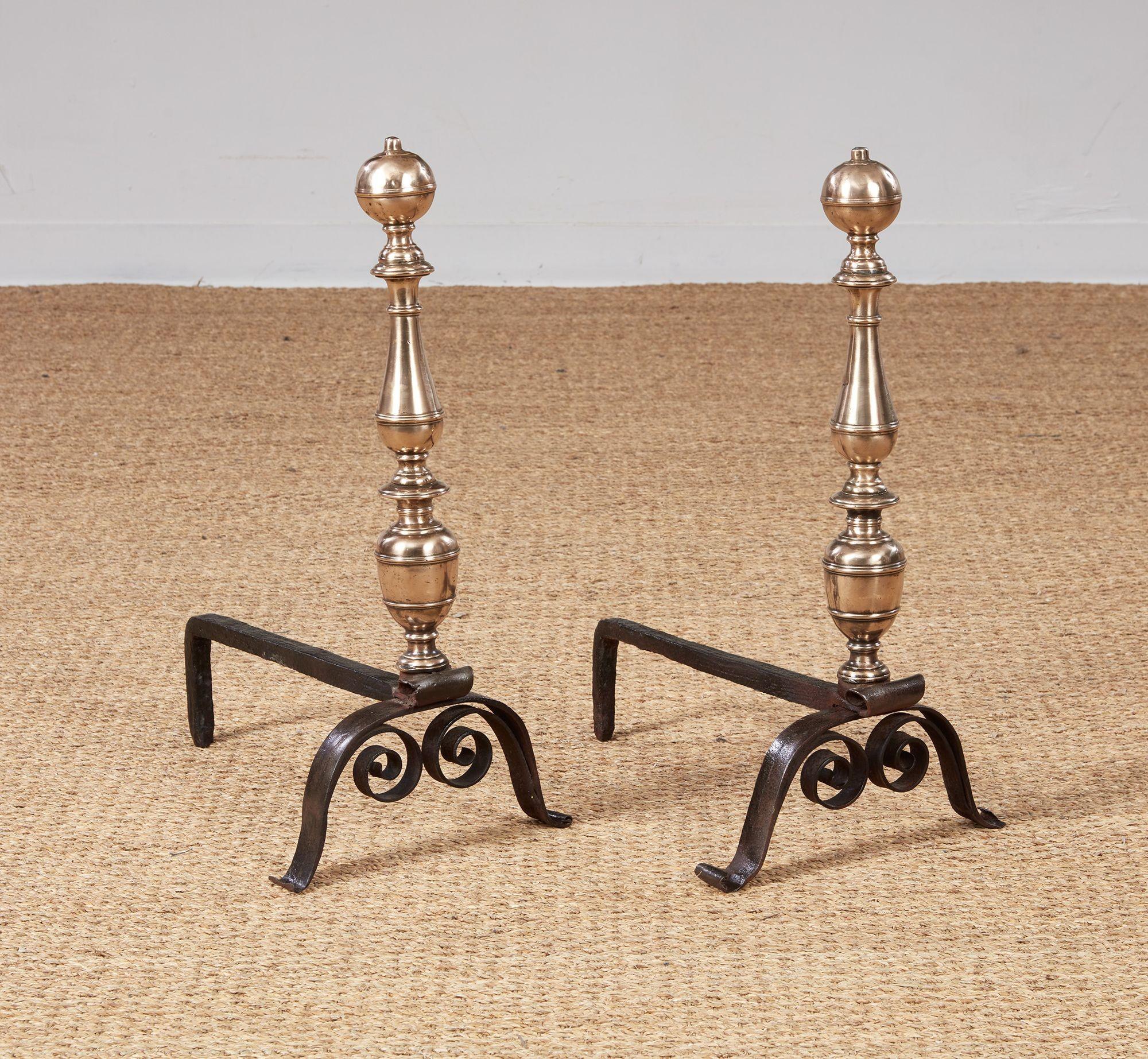 Early Turned Bronze and Scrolled Iron Andirons For Sale 3