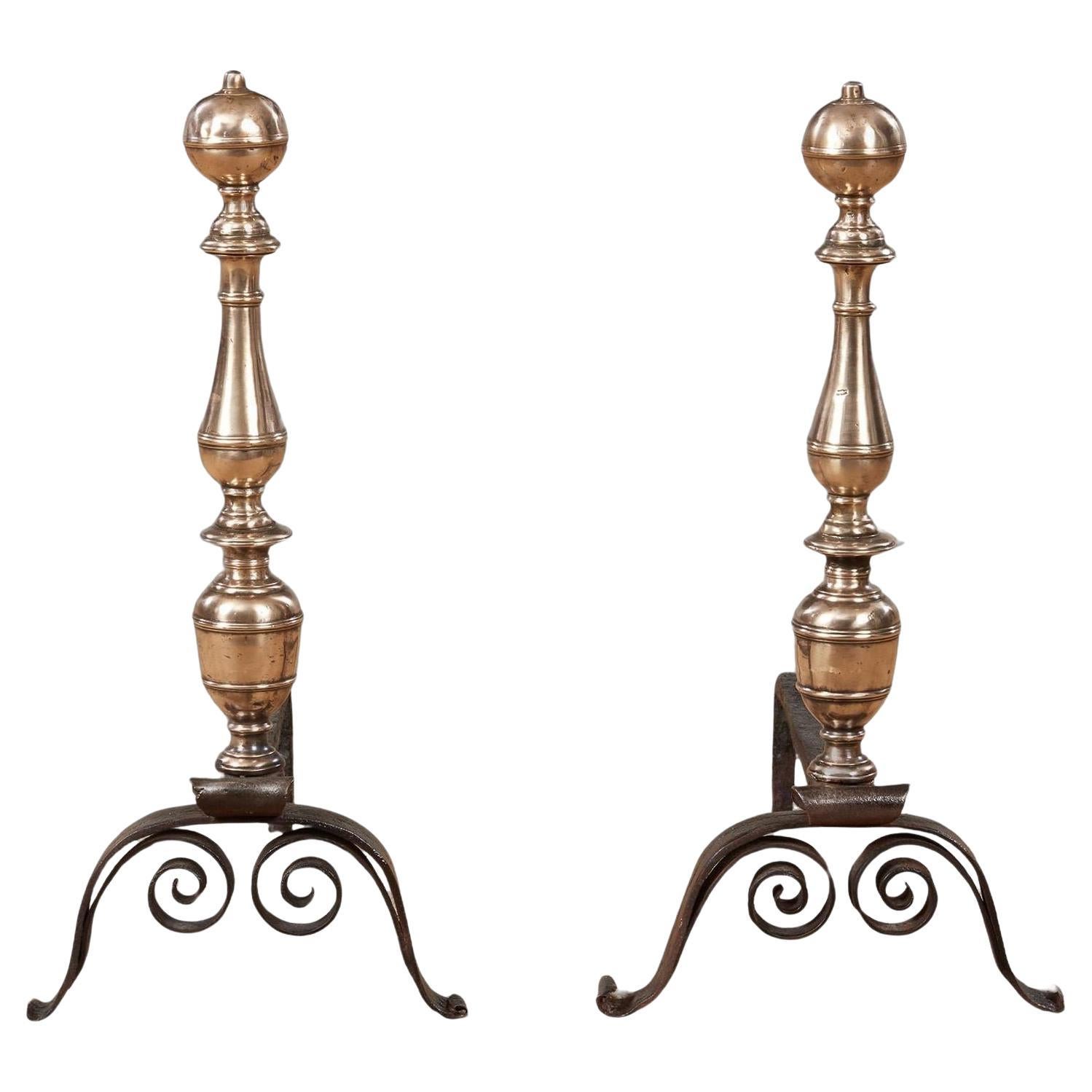 Early Turned Bronze and Scrolled Iron Andirons For Sale