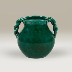 Early twin handled braided French green vase signed Vallauris, Jérôme Massier