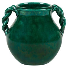 Early twin handled braided French green vase signed Vallauris, Jérôme Massier