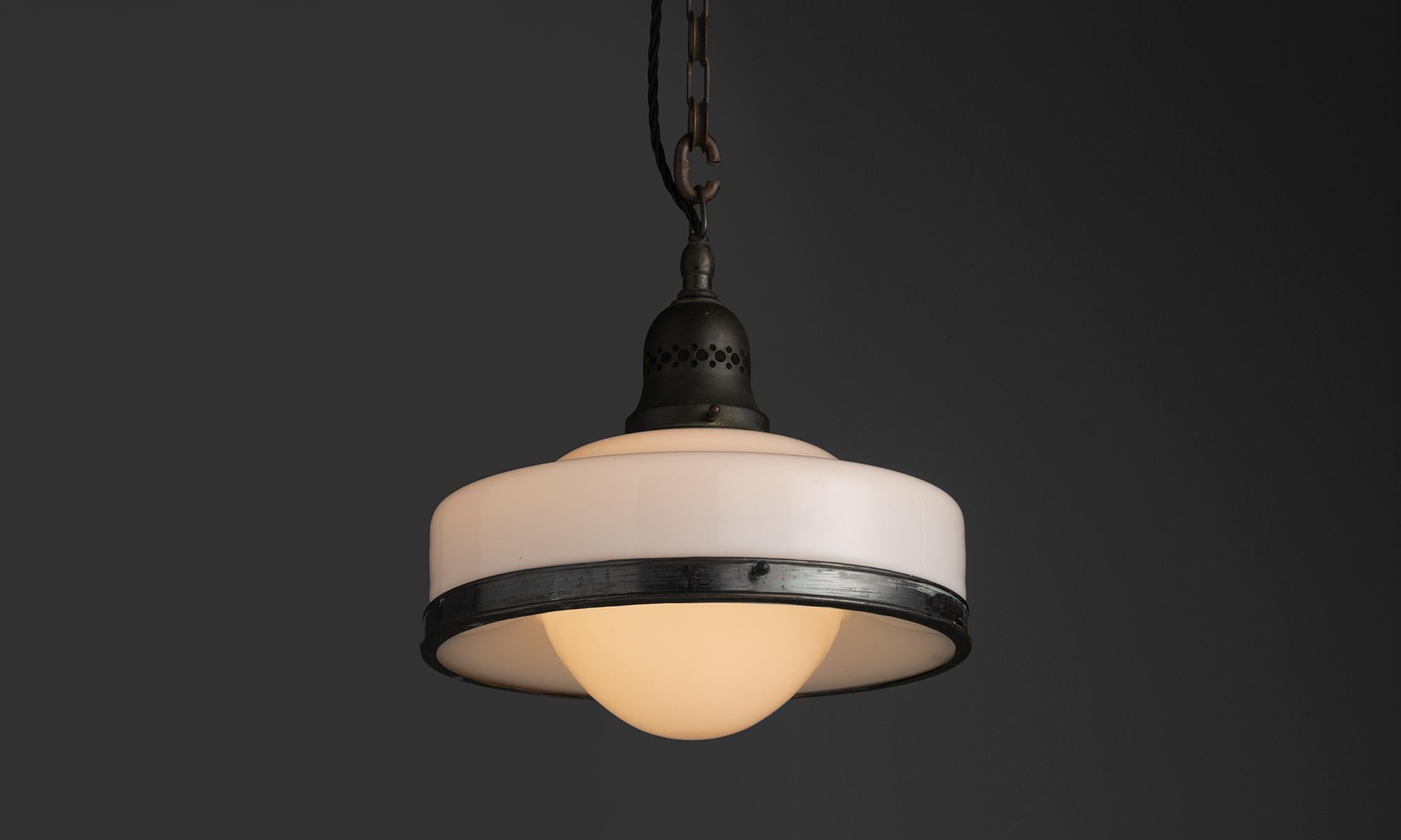 Brass Early Two Part Opaline Pendant, Germany circa 1920 For Sale
