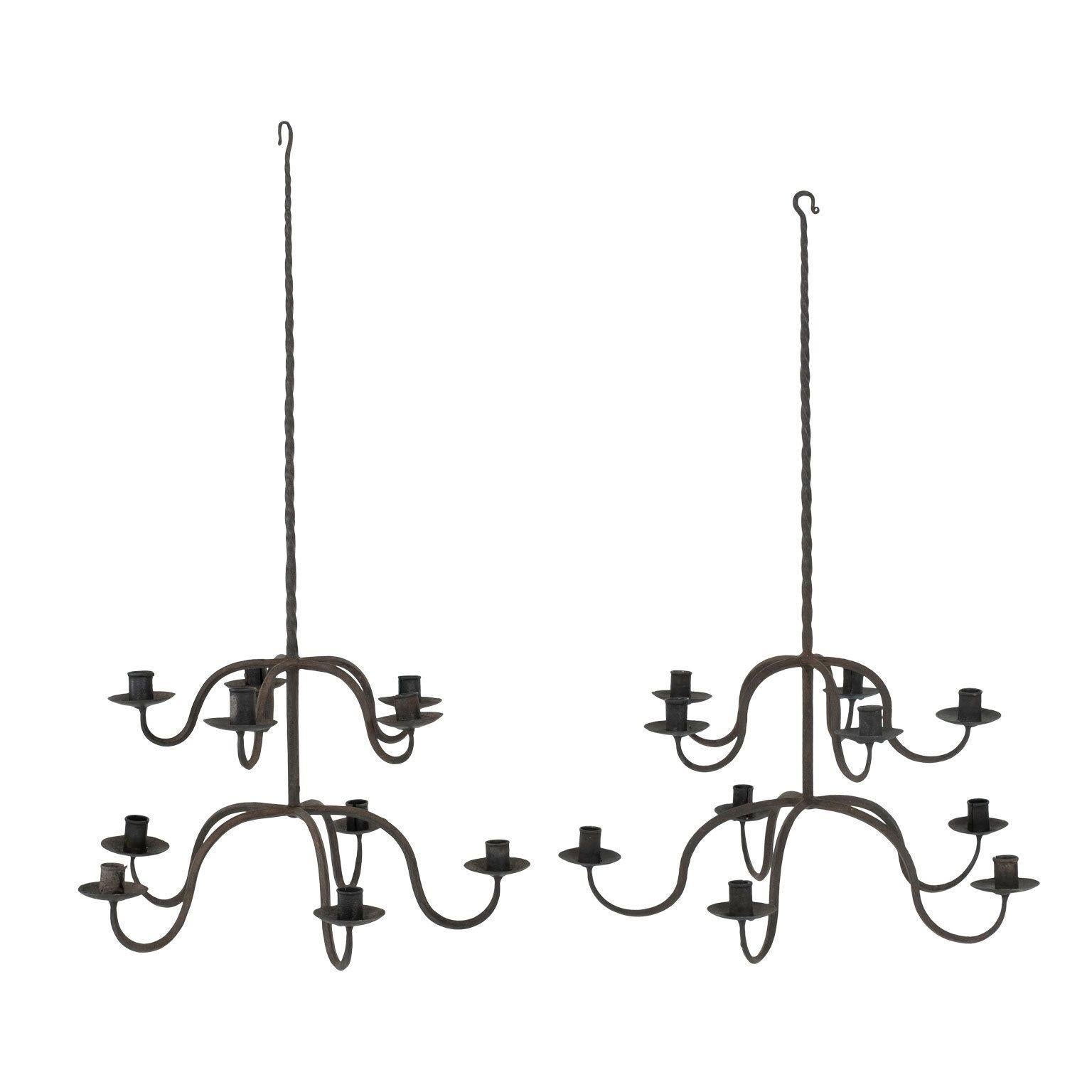19th Century Early Two-Tier Forged Iron Chandelier For Sale