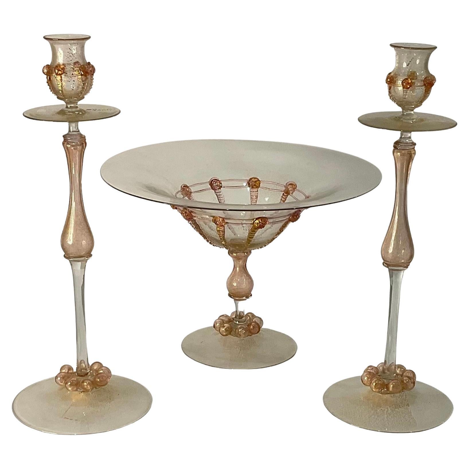 Early Venetian Murano Console Set Center Piece Pair Candle Holders For Sale