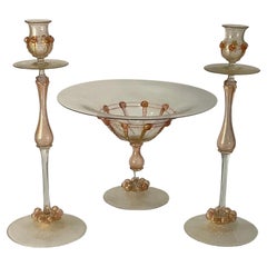 Early Venetian Murano Console Set Center Piece Pair Candle Holders