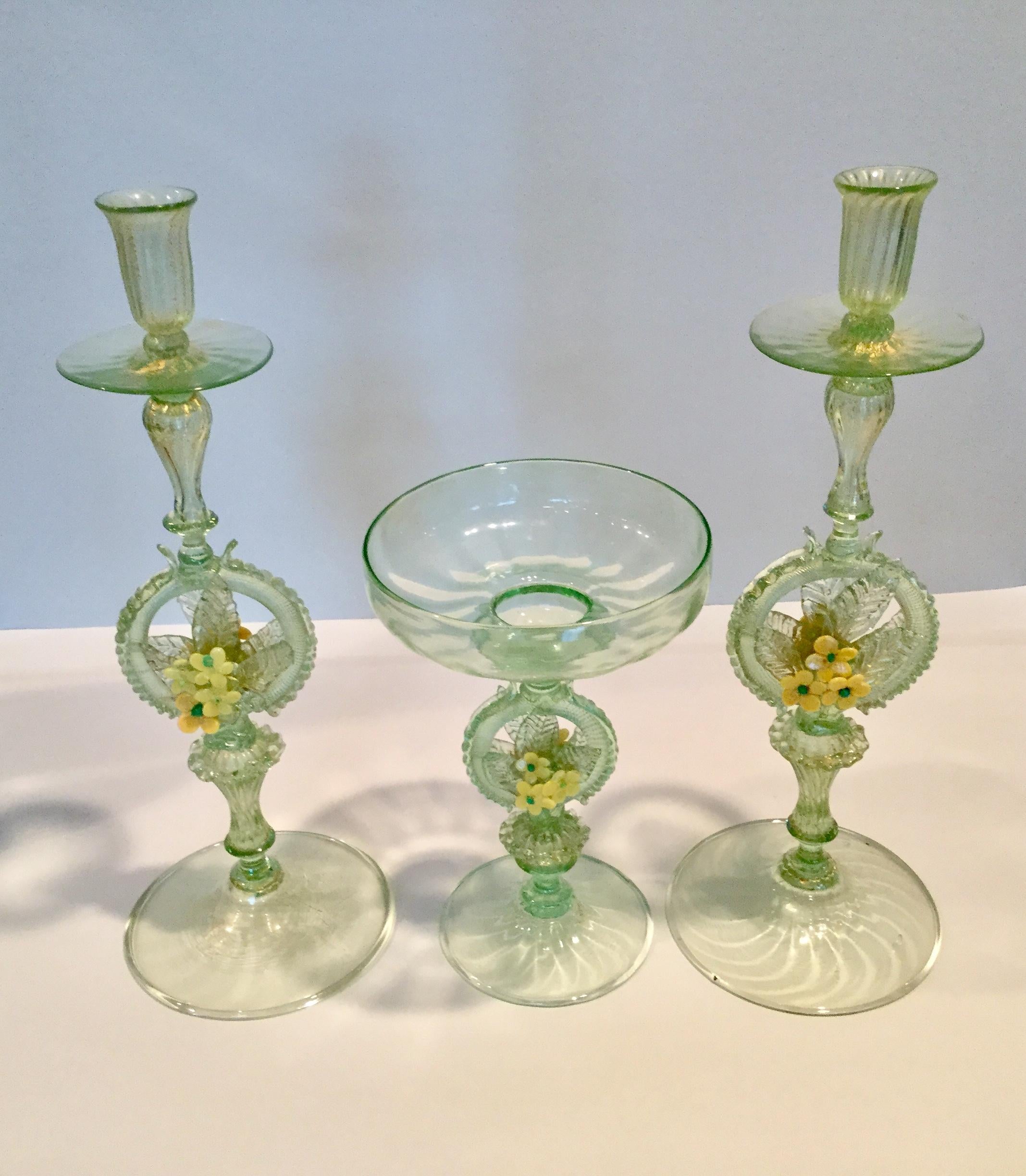 Art Nouveau Early Venetian Murano Console Set Pair Candles and Centerpiece For Sale