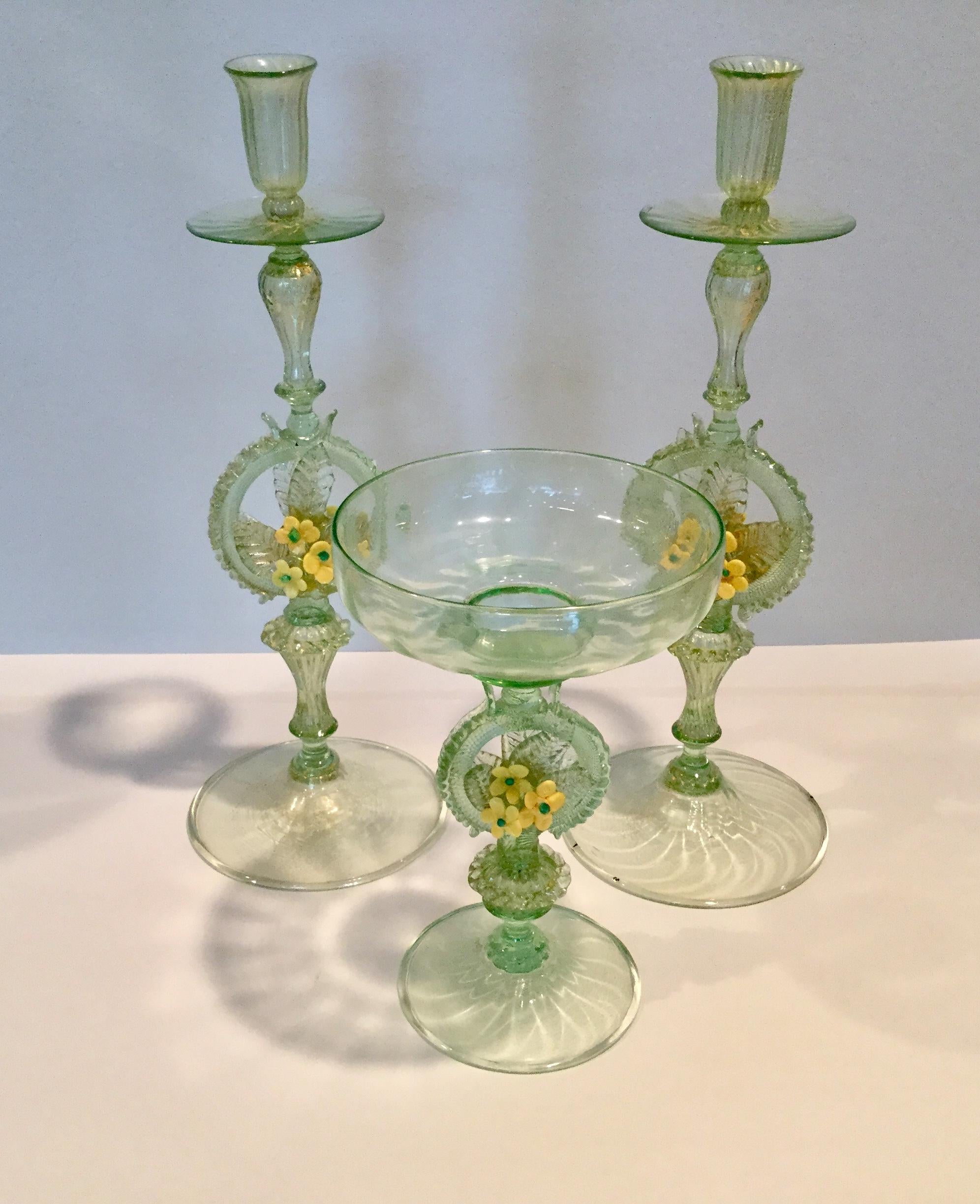 Early Venetian Murano Console Set Pair Candles and Centerpiece In Good Condition For Sale In Keego Harbor, MI